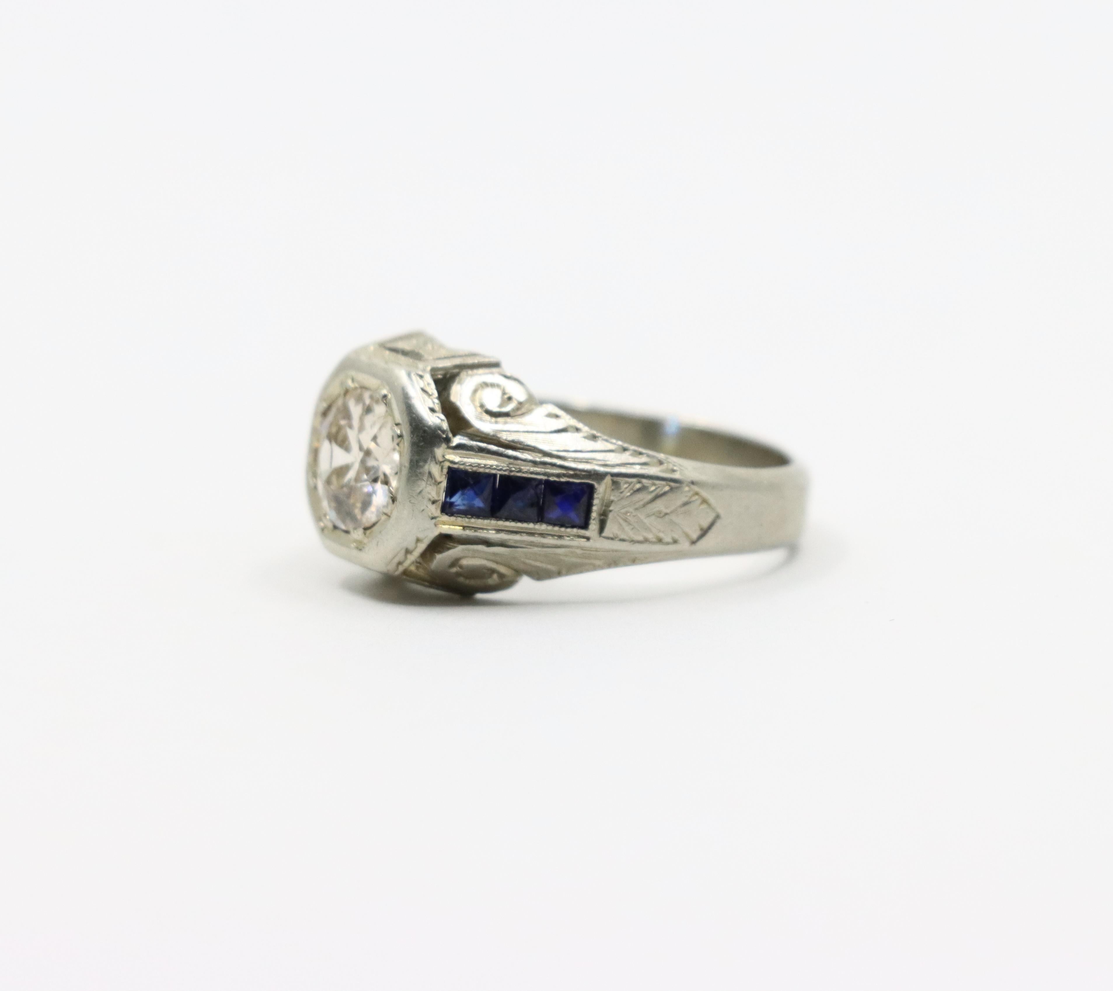 Art Deco Style 18K White Gold Sapphire 1.1 CT Diamond Ring For Sale 1