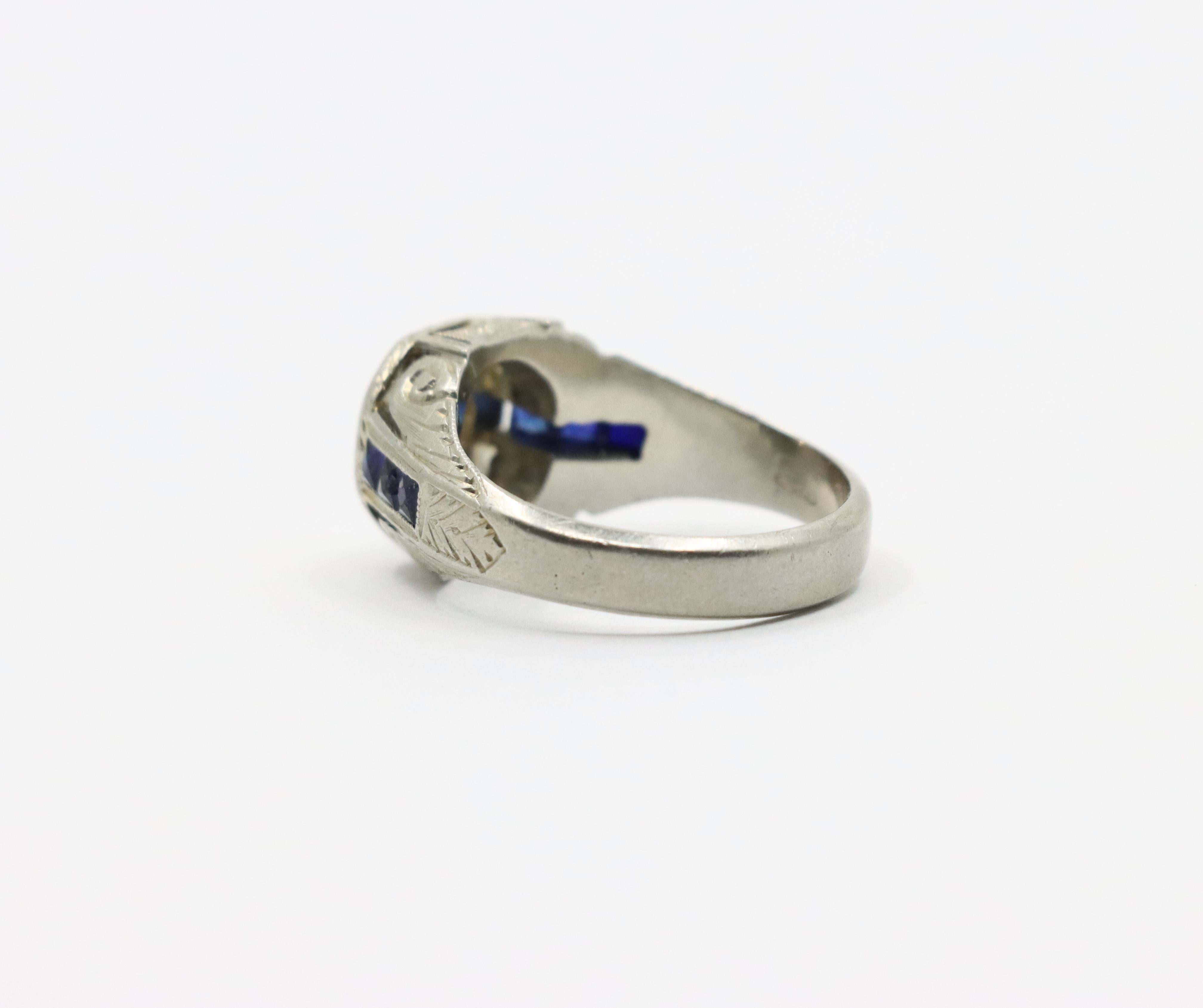 Art Deco Style 18K White Gold Sapphire 1.1 CT Diamond Ring For Sale 2