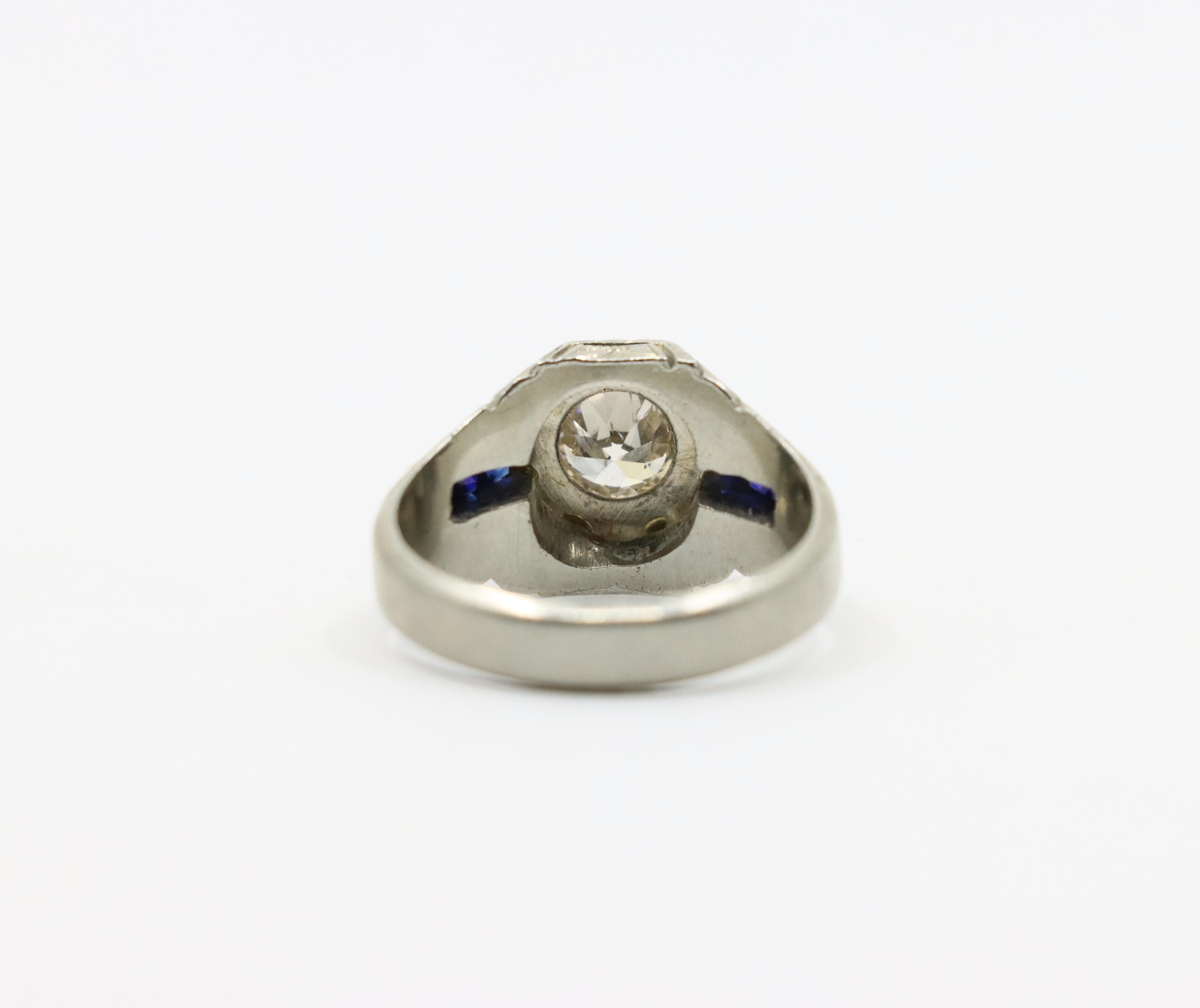 Art Deco Style 18K White Gold Sapphire 1.1 CT Diamond Ring For Sale 4
