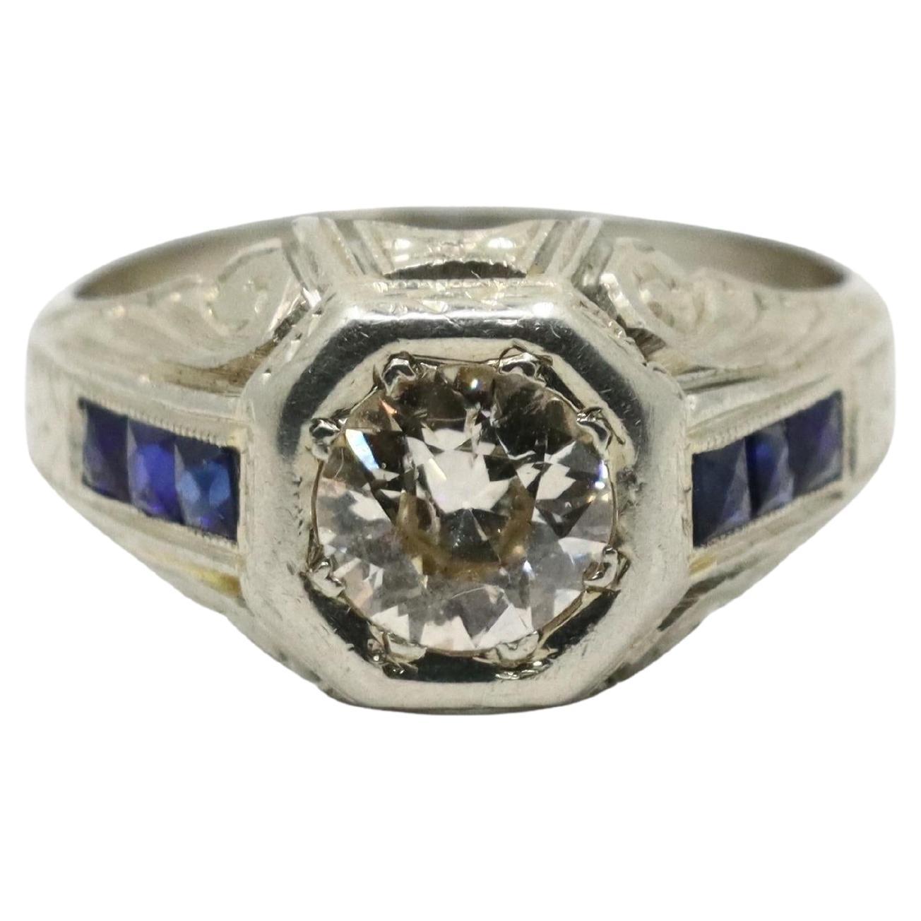 Art Deco Style 18K White Gold Sapphire 1.1 CT Diamond Ring For Sale