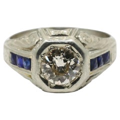 Antique Art Deco Style 18K White Gold Sapphire 1.1 CT Diamond Ring