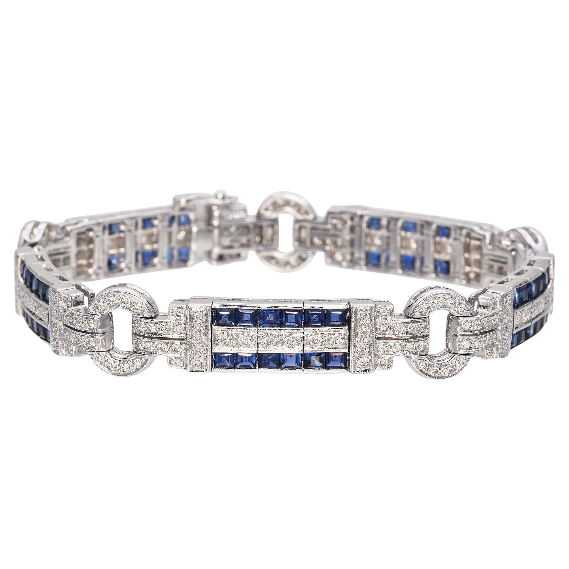 Art Deco Style 18k White Gold Sapphire and Diamond Bracelet