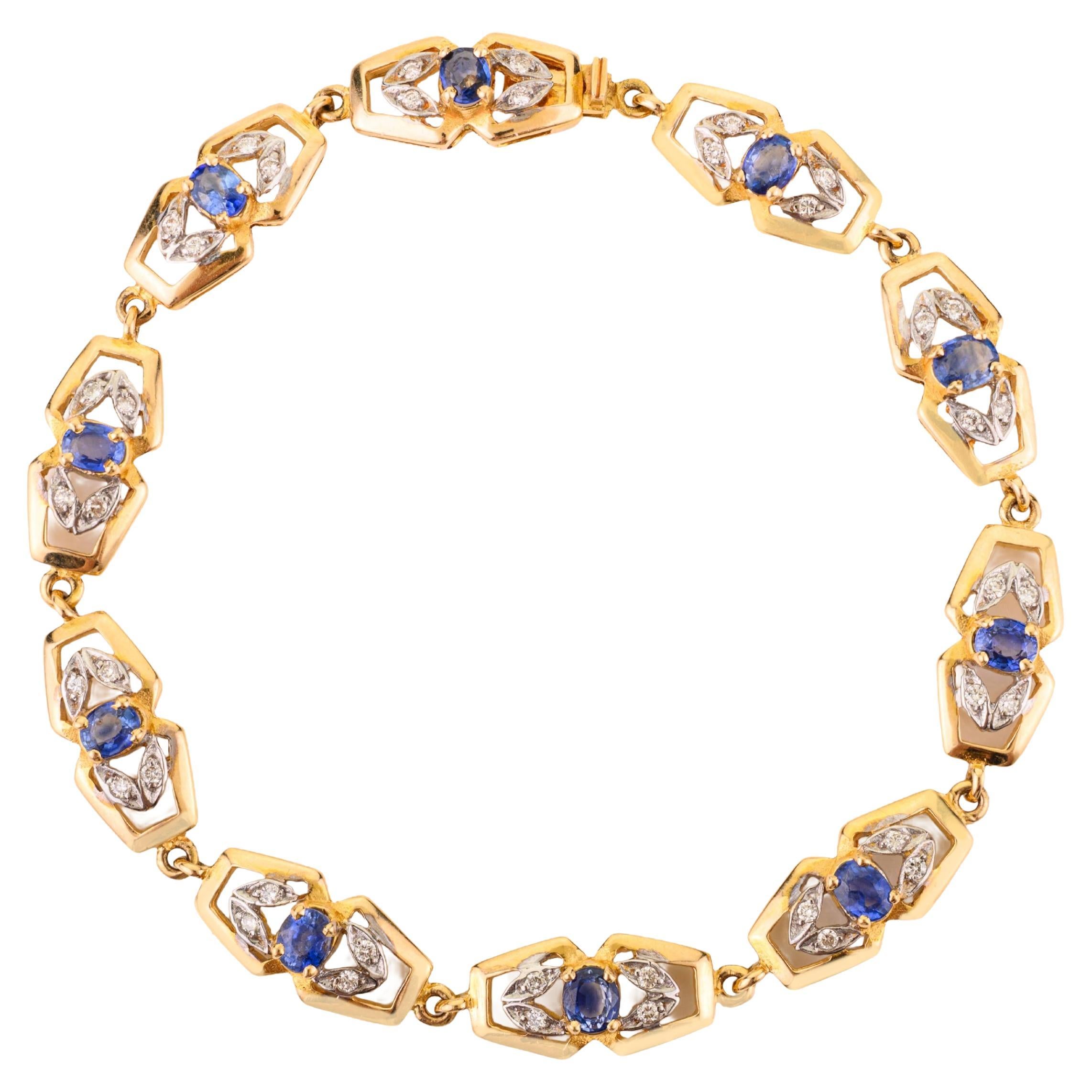Art Deco Style 18K Yellow Gold 1.65Ct Sapphire 
Diamond Link Bracelet for Women For Sale