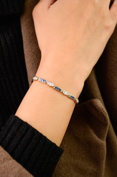 Bracciale tennis in stile Art Déco in oro giallo 18 carati con zaffiro da 3,51 carati e diamante da 1,24 carati