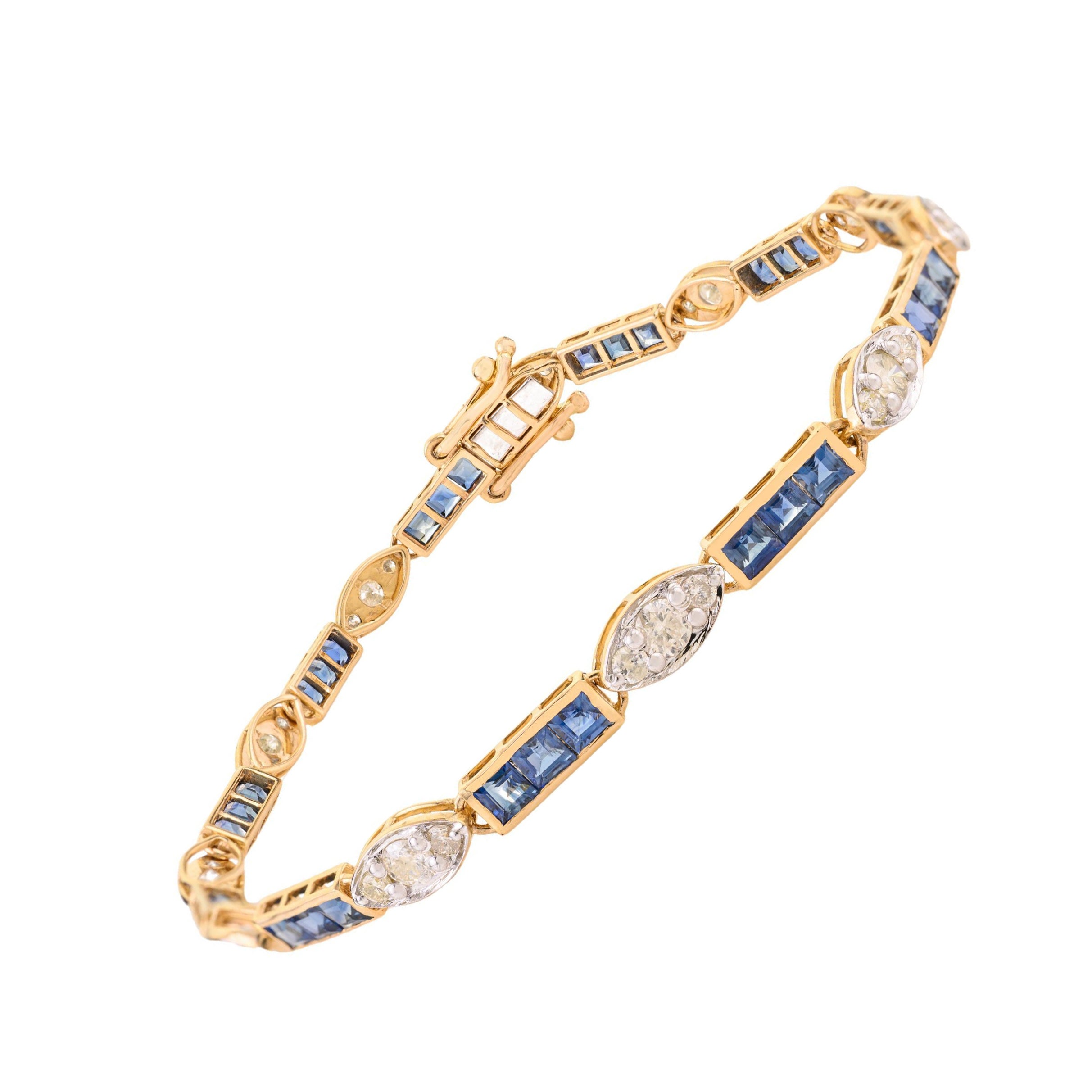 Bracelet de tennis en or jaune 18K de style Art Déco 3.51Ct saphir et 1.24Ct diamant
