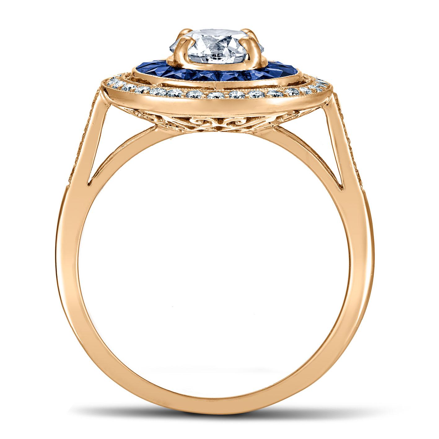 For Sale:  Art Deco Style 18k Yellow Gold Calibre Cut Sapphire Ring With 0.75 Ct Diamond 2