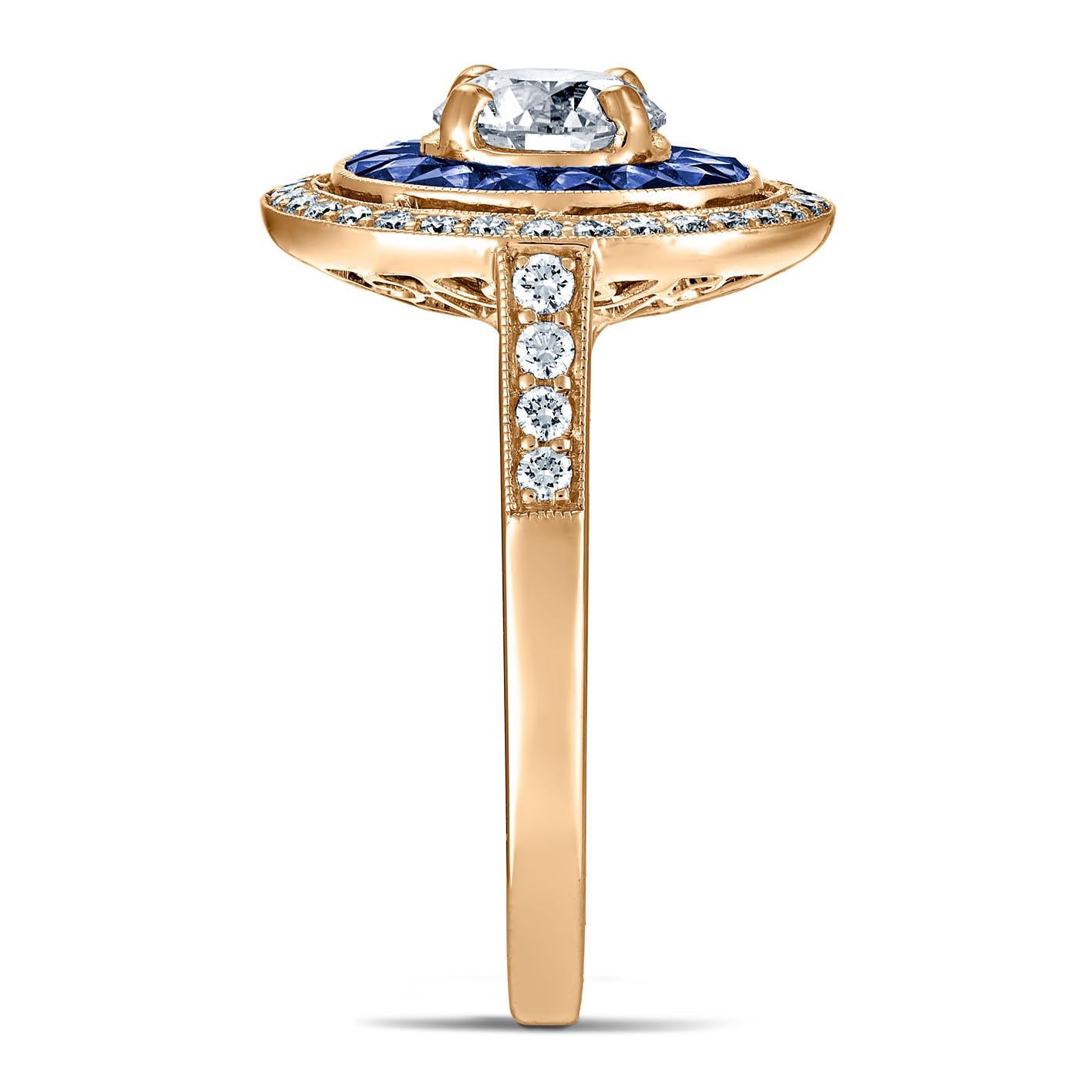 For Sale:  Art Deco Style 18k Yellow Gold Calibre Cut Sapphire Ring With 0.75 Ct Diamond 3