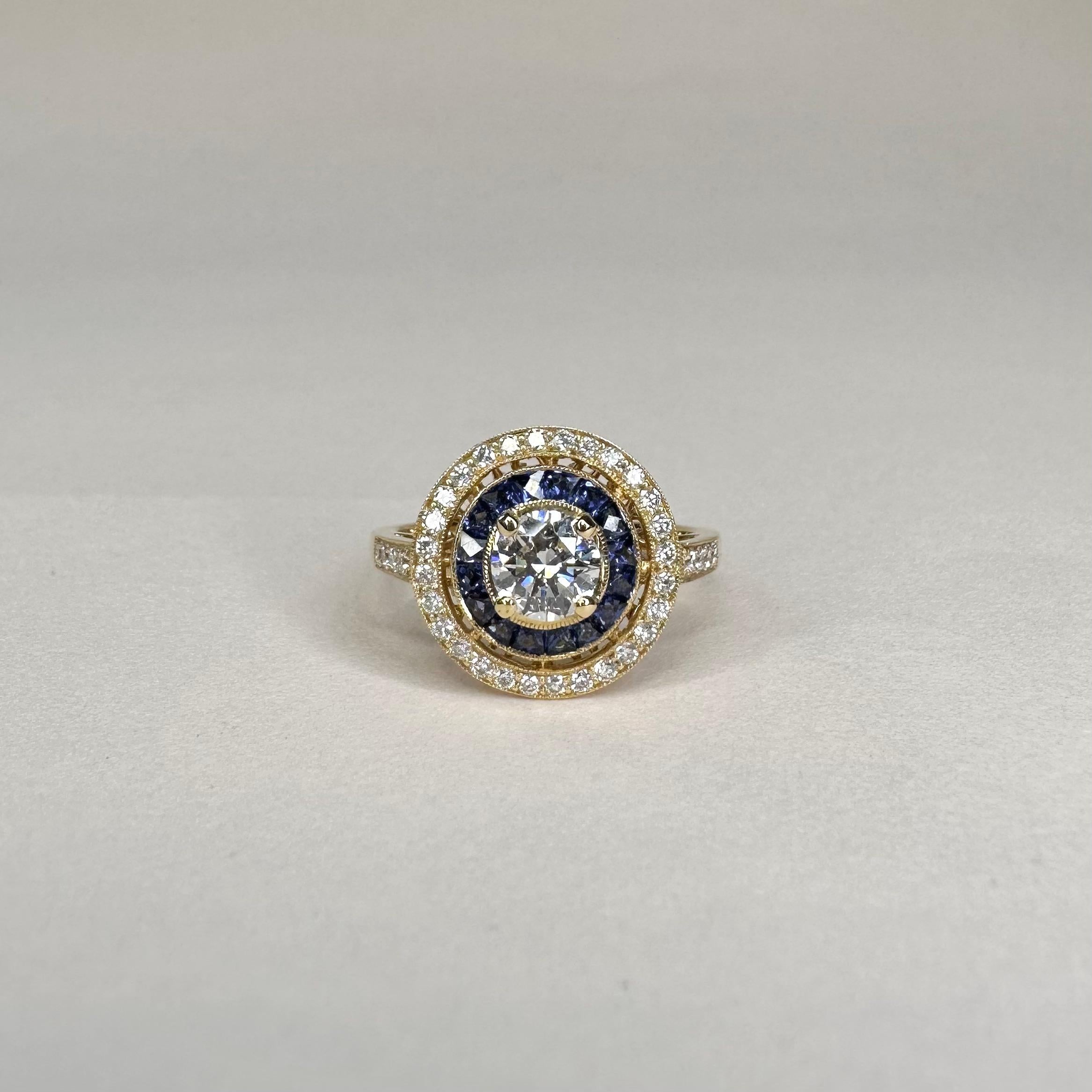 For Sale:  Art Deco Style 18k Yellow Gold Calibre Cut Sapphire Ring With 0.75 Ct Diamond 4