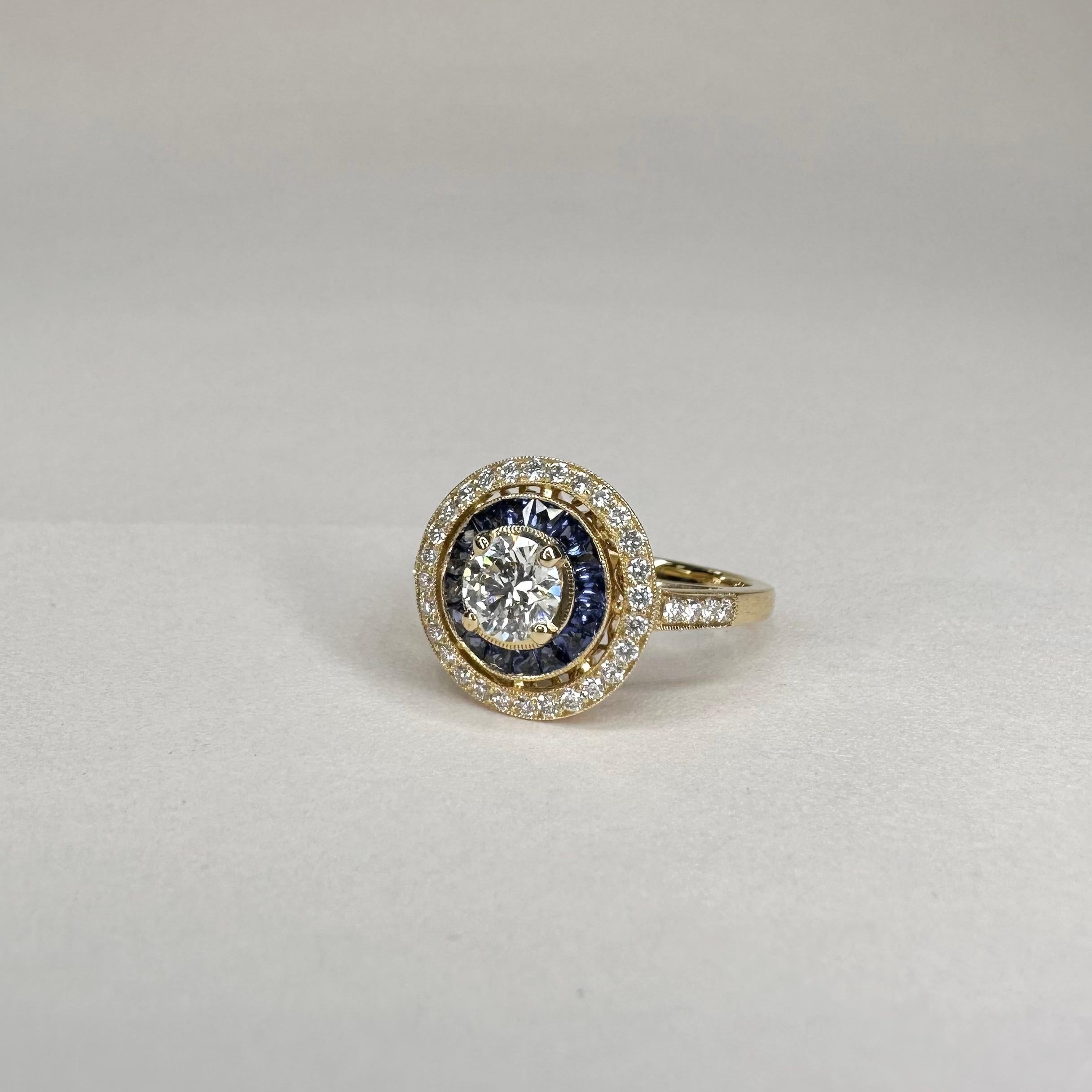 For Sale:  Art Deco Style 18k Yellow Gold Calibre Cut Sapphire Ring With 0.75 Ct Diamond 5