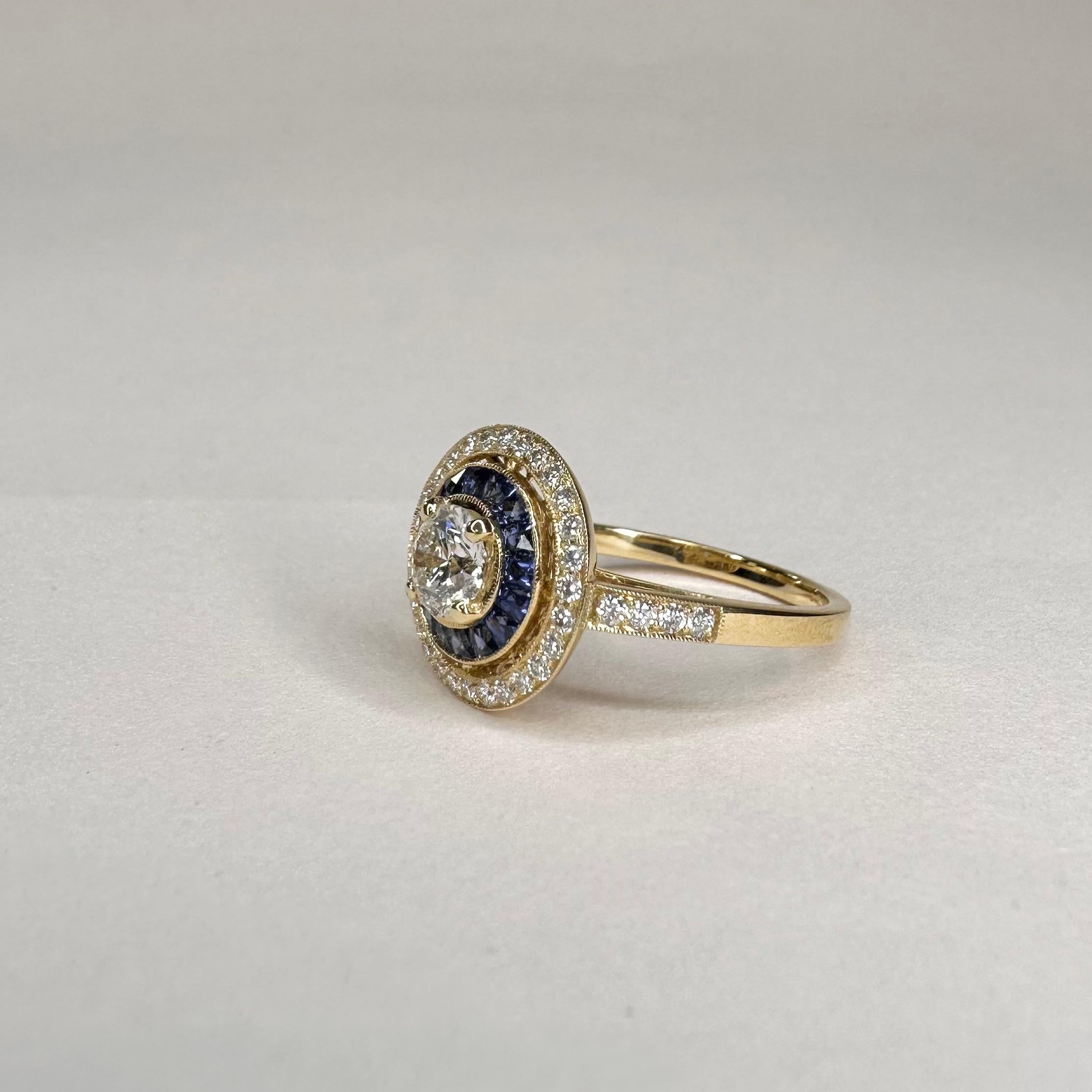 For Sale:  Art Deco Style 18k Yellow Gold Calibre Cut Sapphire Ring With 0.75 Ct Diamond 6