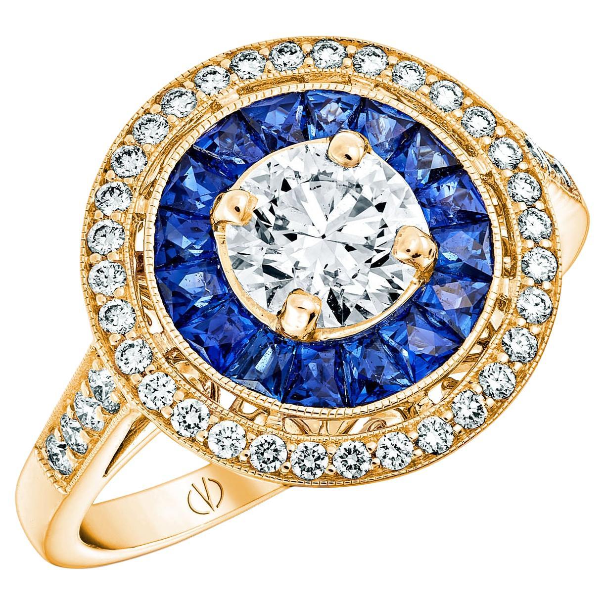 For Sale:  Art Deco Style 18k Yellow Gold Calibre Cut Sapphire Ring With 0.75 Ct Diamond