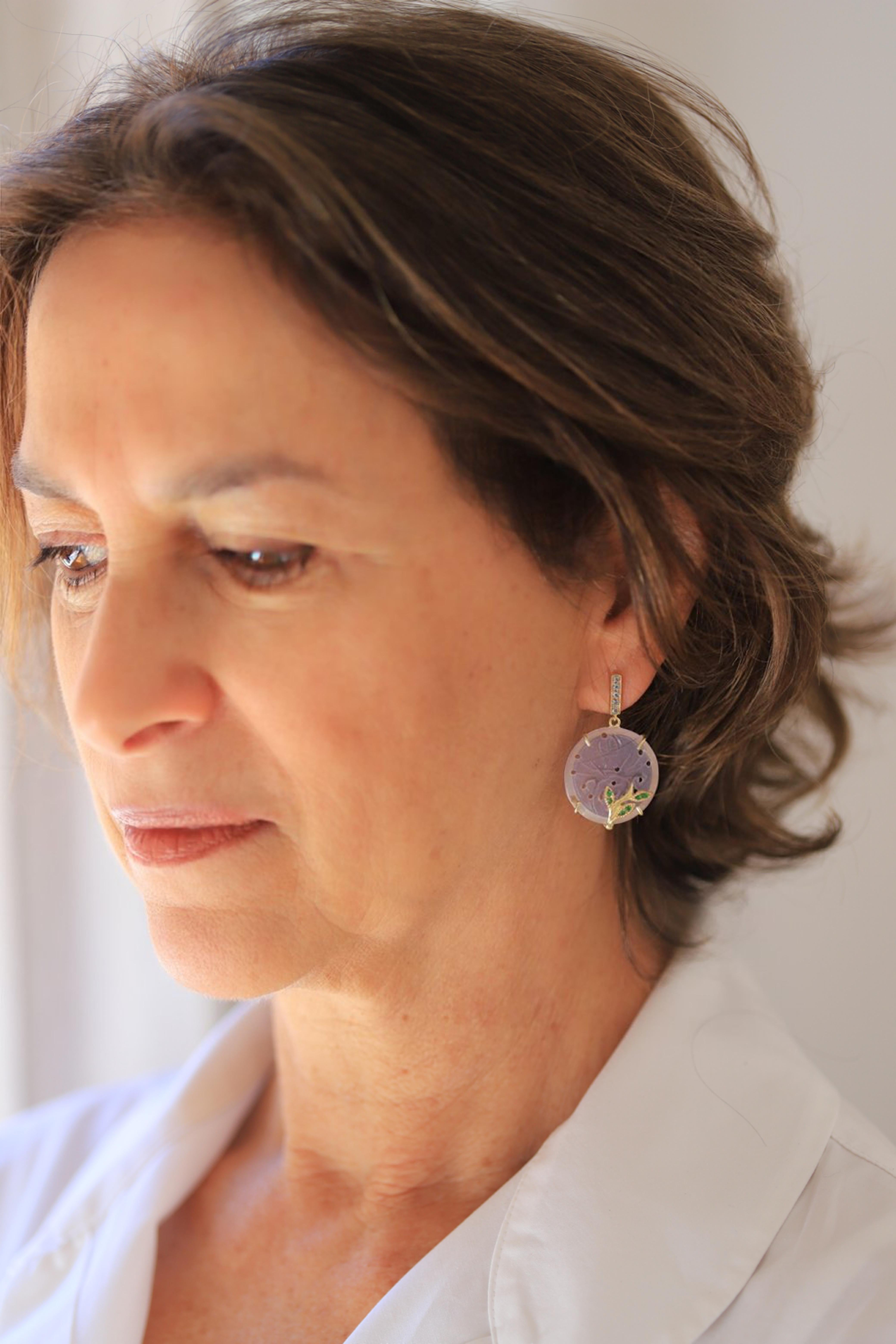 Rossella Ugolini 18K Gold Purple Rose Quartz Blue Topaz Tsavorite Earrings In New Condition For Sale In Rome, IT