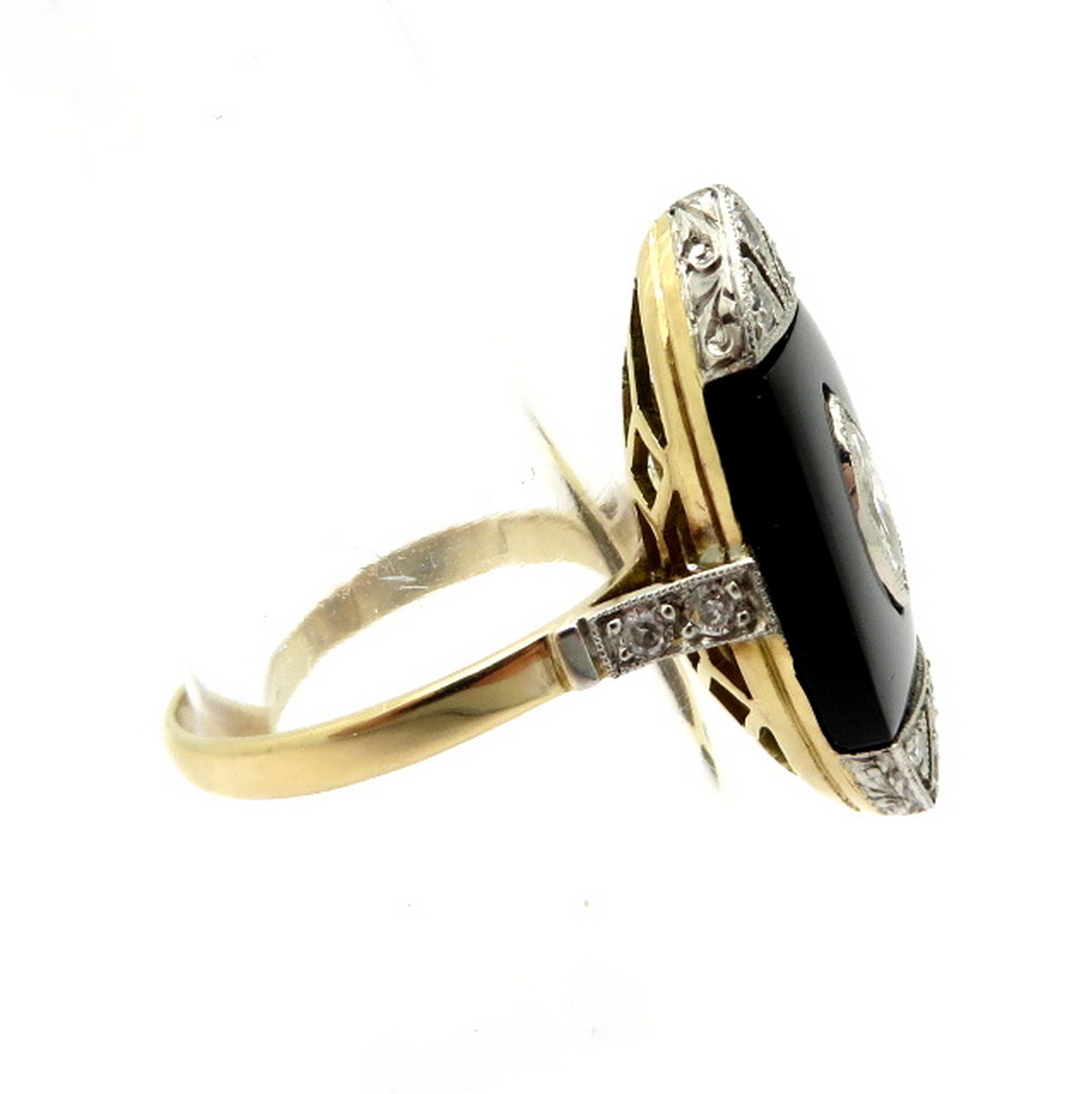 Art Deco Style 18 Karat Gold and Platinum Black Onyx and Diamond Navette Ring In Excellent Condition In Scottsdale, AZ