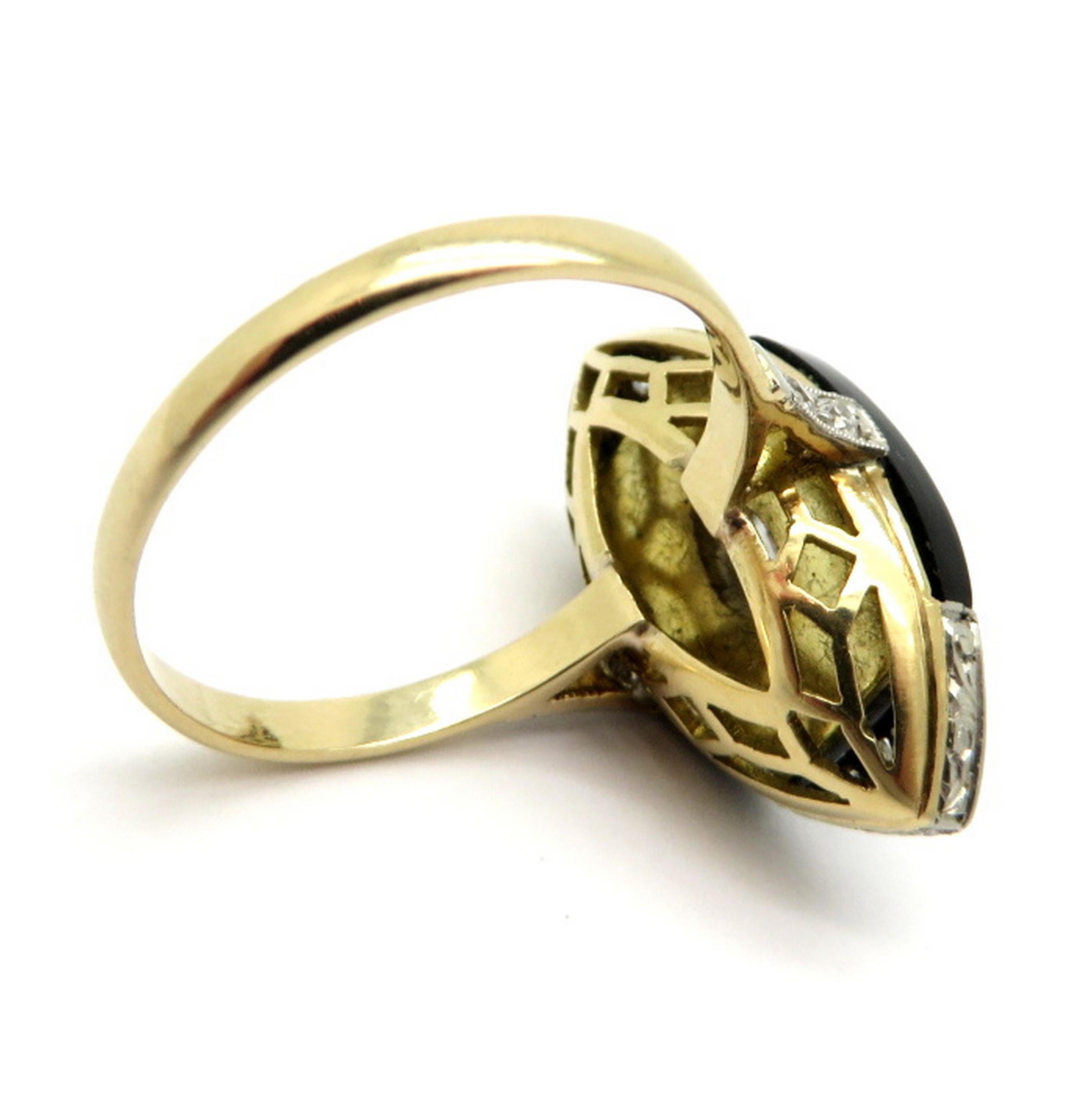 Women's Art Deco Style 18 Karat Gold and Platinum Black Onyx and Diamond Navette Ring
