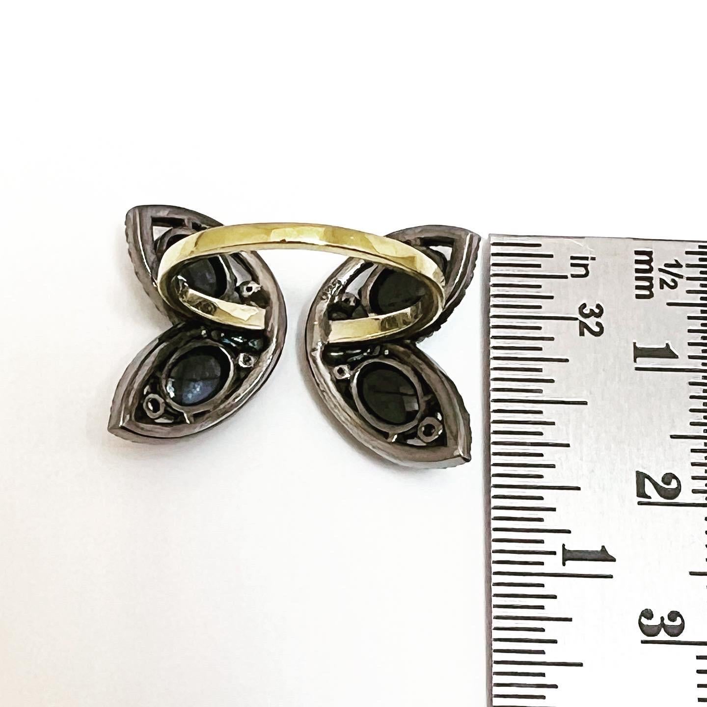 Art Deco Style 18k Yellow Gold Silver Diamond Sapphire Cocktail Butterfly Ring For Sale 2