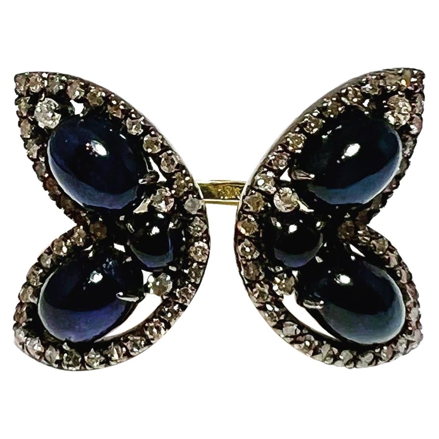 Anello a farfalla da cocktail con diamante e zaffiro in stile Art Déco in oro giallo 18 carati