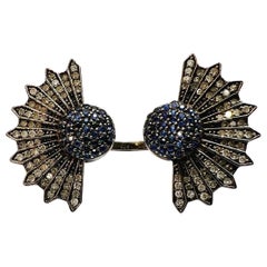 Art Deco Style 18k Yellow Gold Silver Diamond Sapphire Cocktail Fan Ring