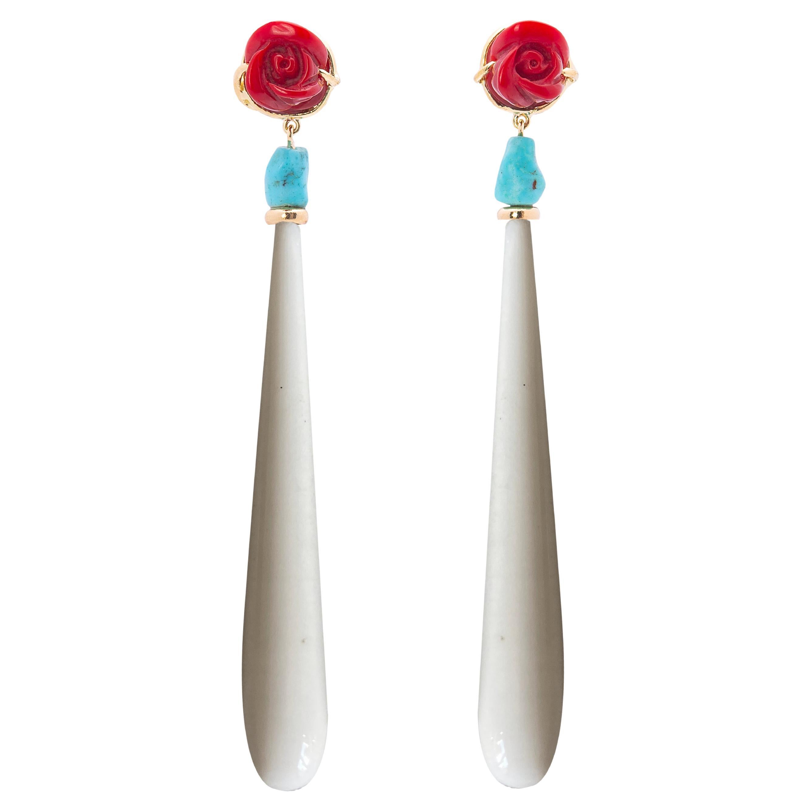 Art Deco Style 18K Yellow Gold White Agate Red Flower Turquoise Dangle Earrings For Sale