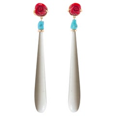 Art Deco Style 18K Yellow Gold White Agate Red Flower Turquoise Dangle Earrings