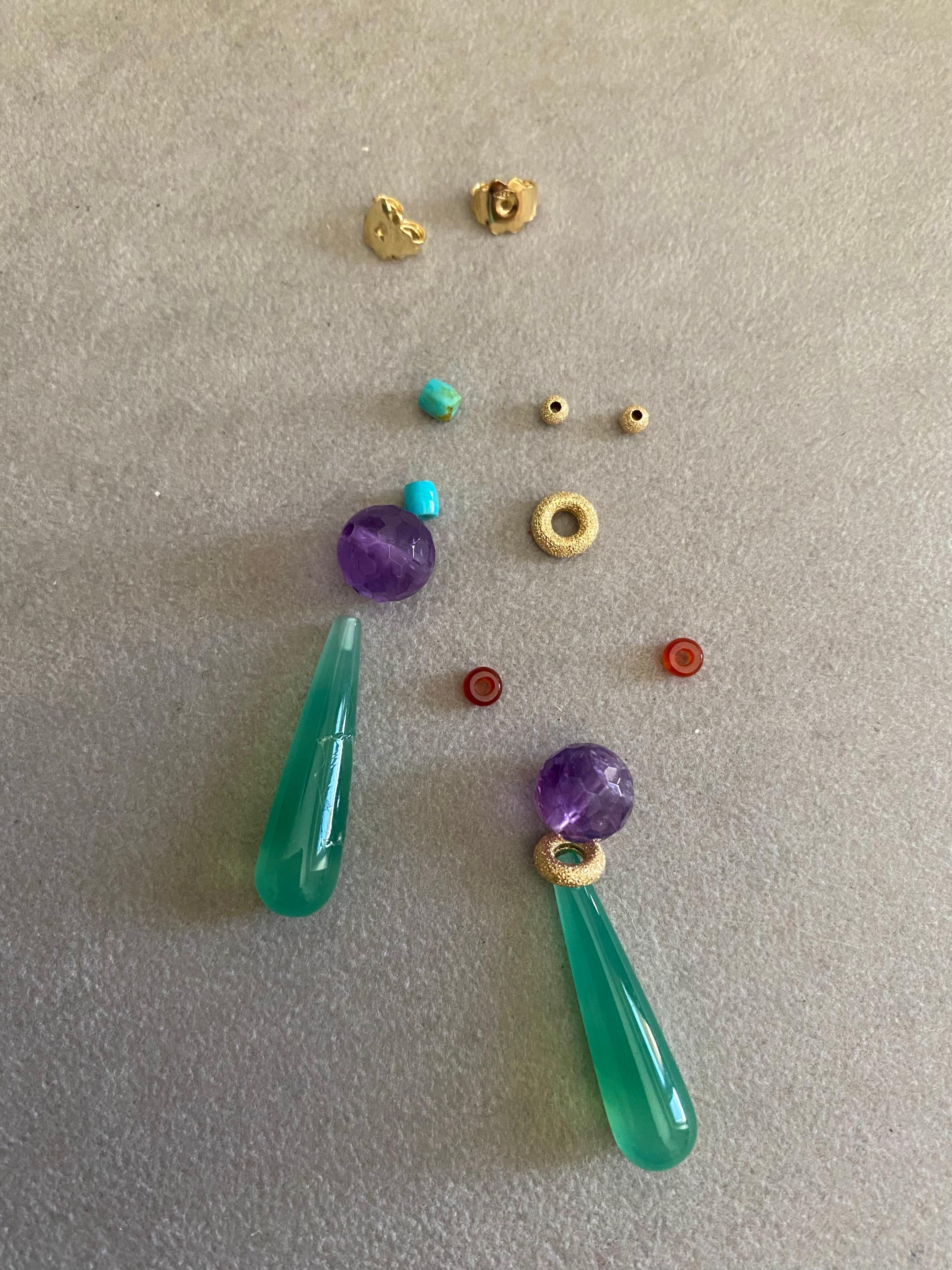Art Deco Style 18karat Gold 0.12karat Diamond Amethyst Turquoise Dangle Earrings For Sale 10