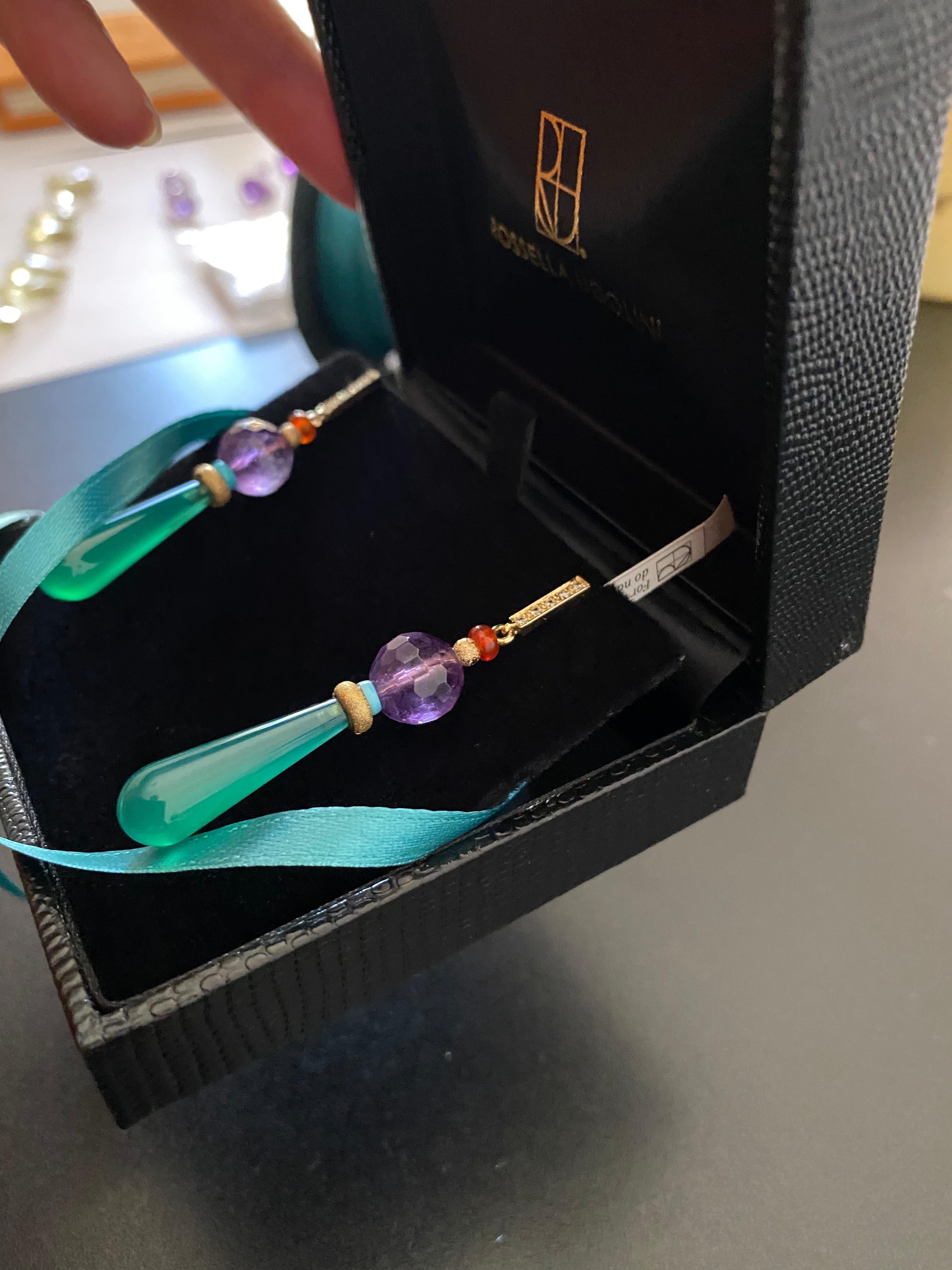 Art Deco Style 18karat Gold 0.12karat Diamond Amethyst Turquoise Dangle Earrings For Sale 11