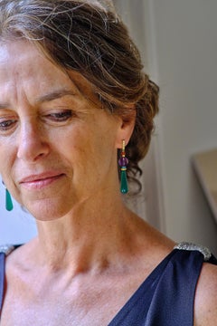 Art Deco Style 18karat Gold 0.12karat Diamond Amethyst Turquoise Dangle Earrings