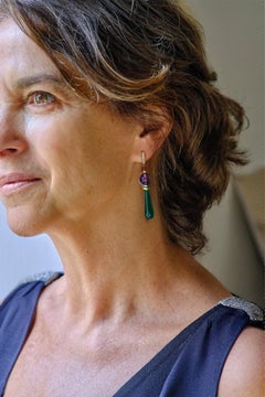 Art Deco Style 18karat Gold 0.12karat Diamond Amethyst Turquoise Dangle Earrings