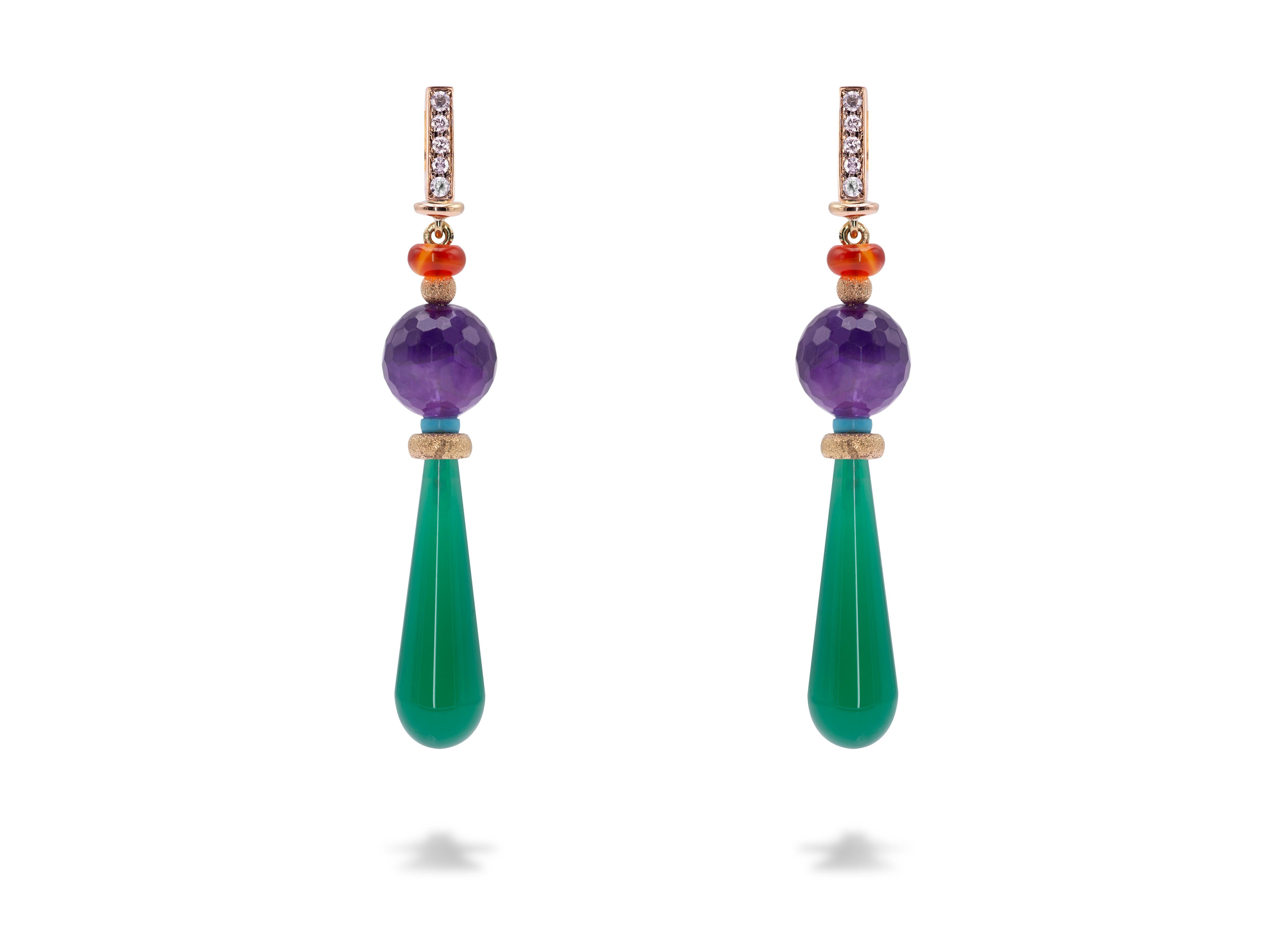 Art Deco Style 18karat Gold 0.12karat Diamond Amethyst Turquoise Dangle Earrings For Sale 3