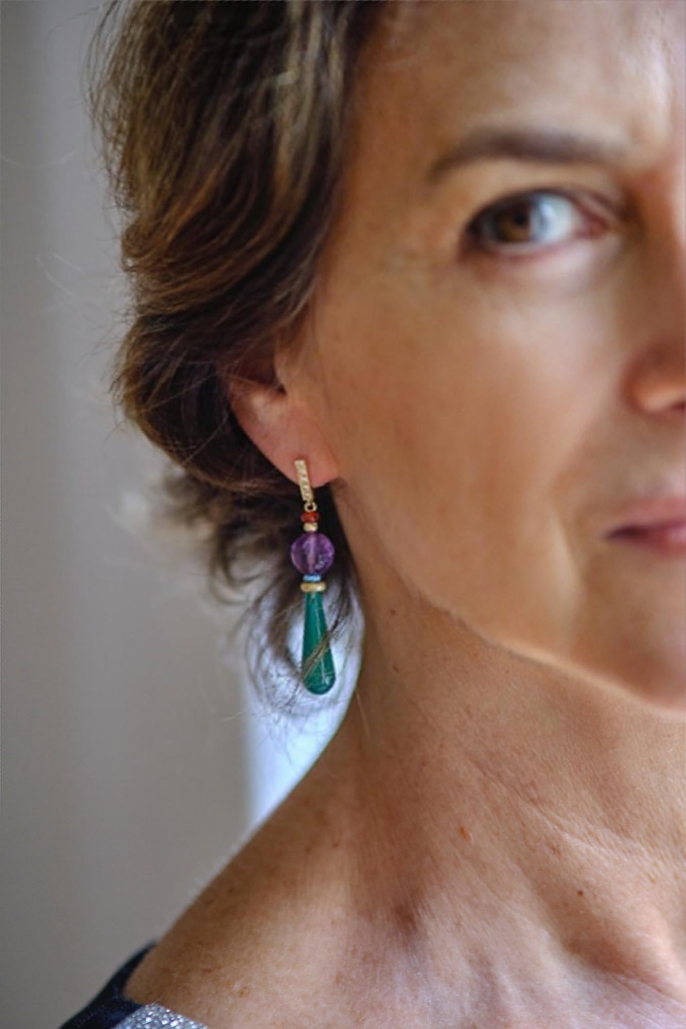 Pear Cut Art Deco Style 18karat Gold 0.12karat Diamond Amethyst Turquoise Dangle Earrings For Sale