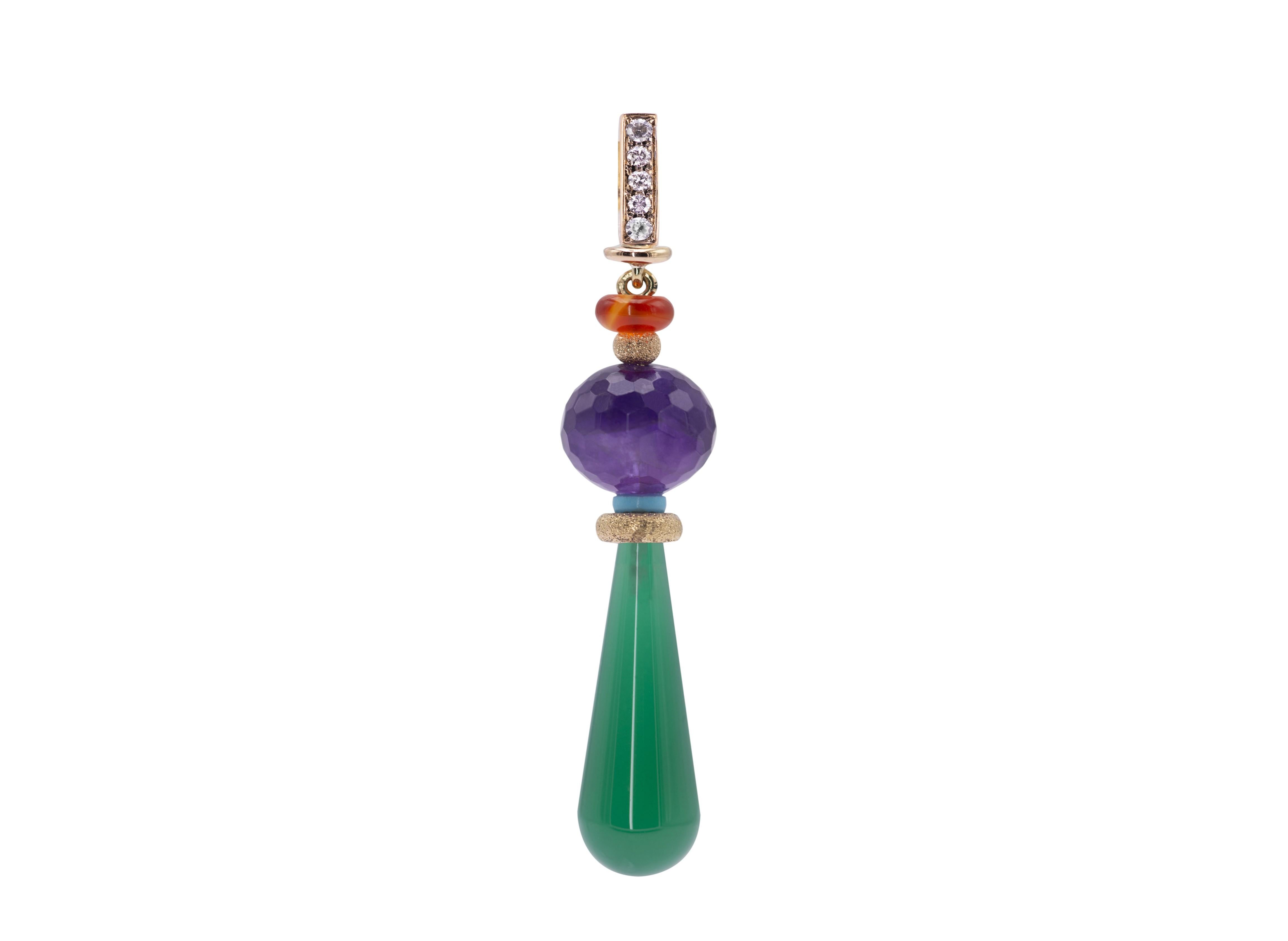Art Deco Style 18karat Gold 0.12karat Diamond Amethyst Turquoise Dangle Earrings In New Condition For Sale In Rome, IT