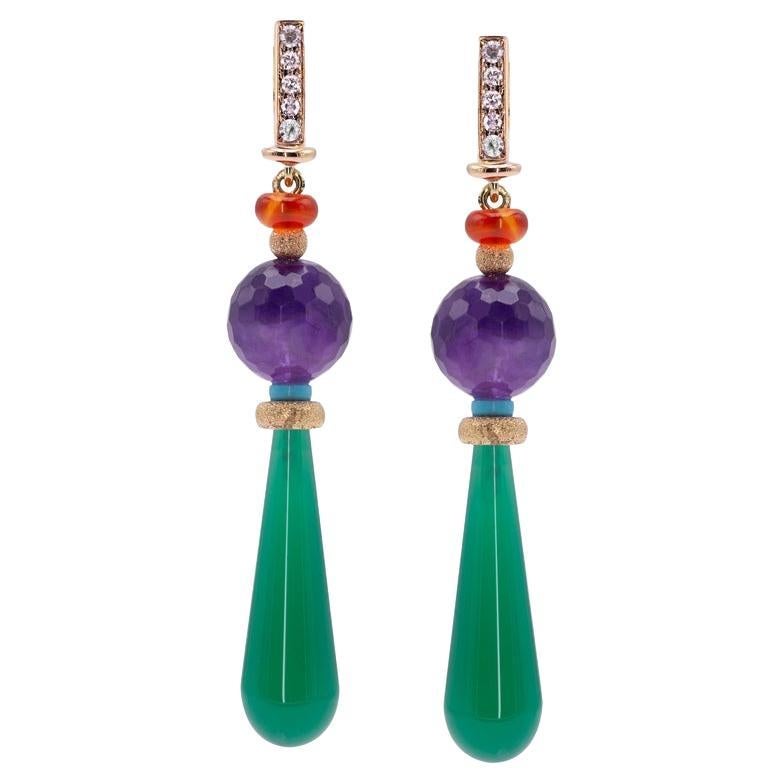 Pendientes Colgantes Estilo Art Déco Oro de 18 Quilates 0,12 Quilates Diamante Amatista Turquesa en venta