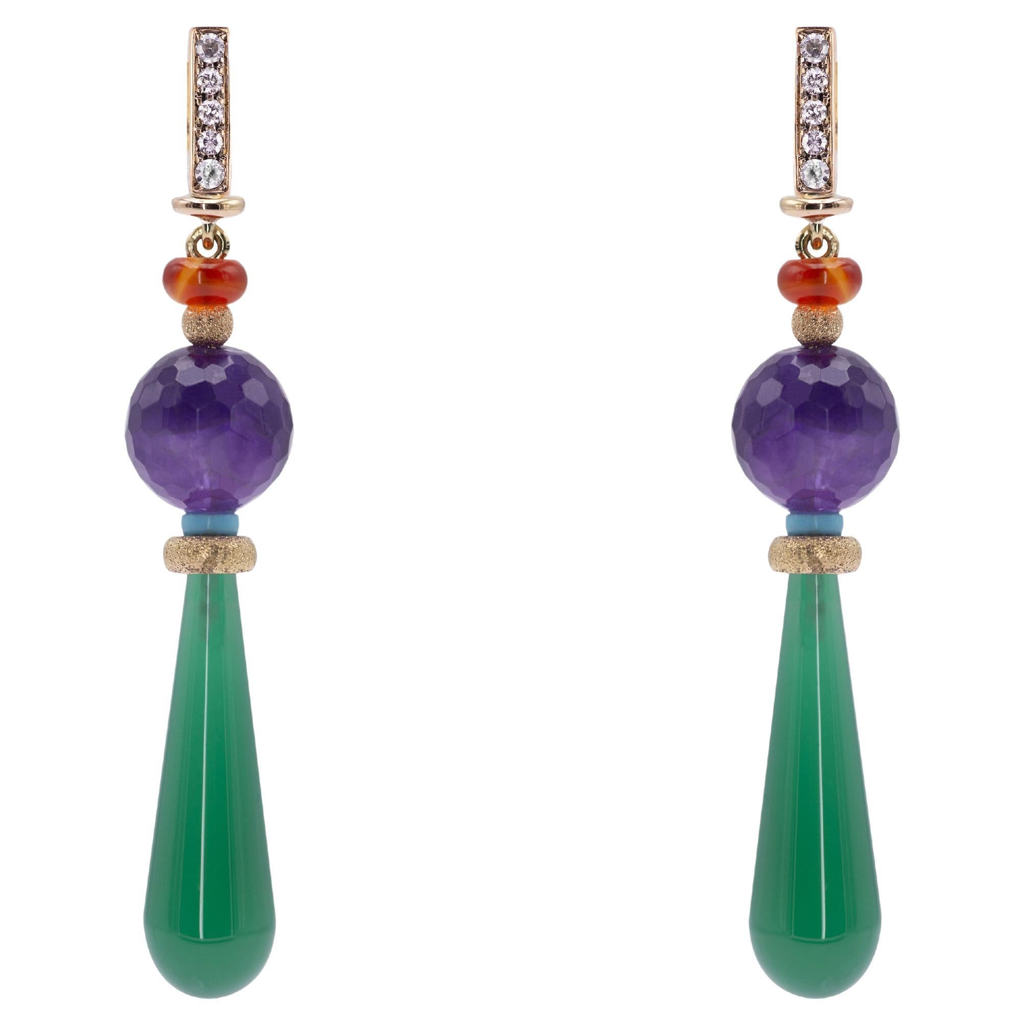 Art Deco Style 18 karat Gold Diamond Amethyst Turquoise Agate Dangle Earrings For Sale