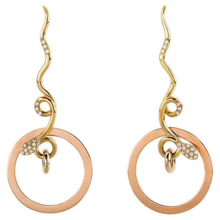 Art Deco Style 18 Karat Gold 0.20 Karat White Diamond Snake Dangle  Earrings For Sale