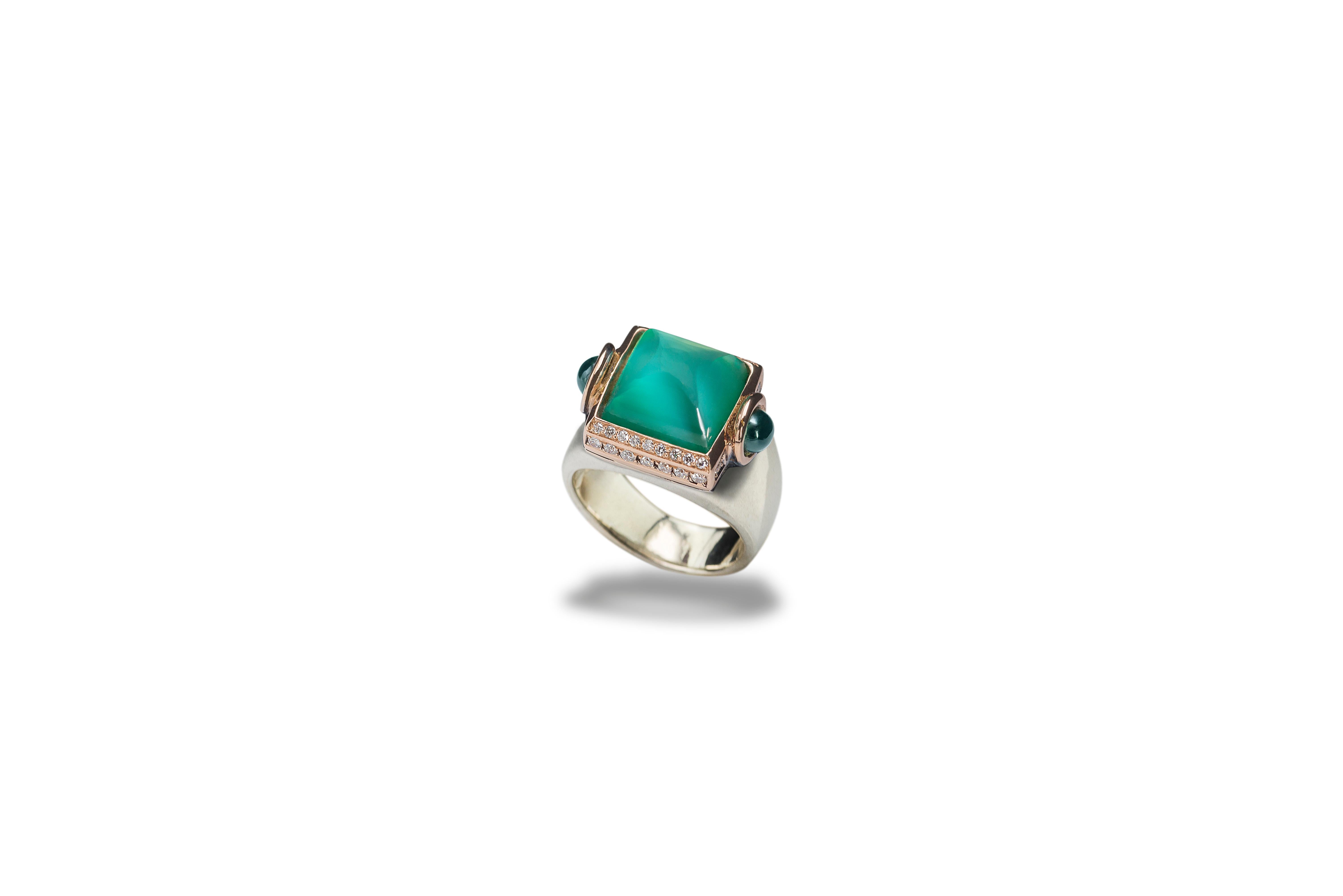 Women's or Men's Rossella Ugolini 18k Gold Diamonds Green Agate Tourmaline Art Deco Style Ring For Sale