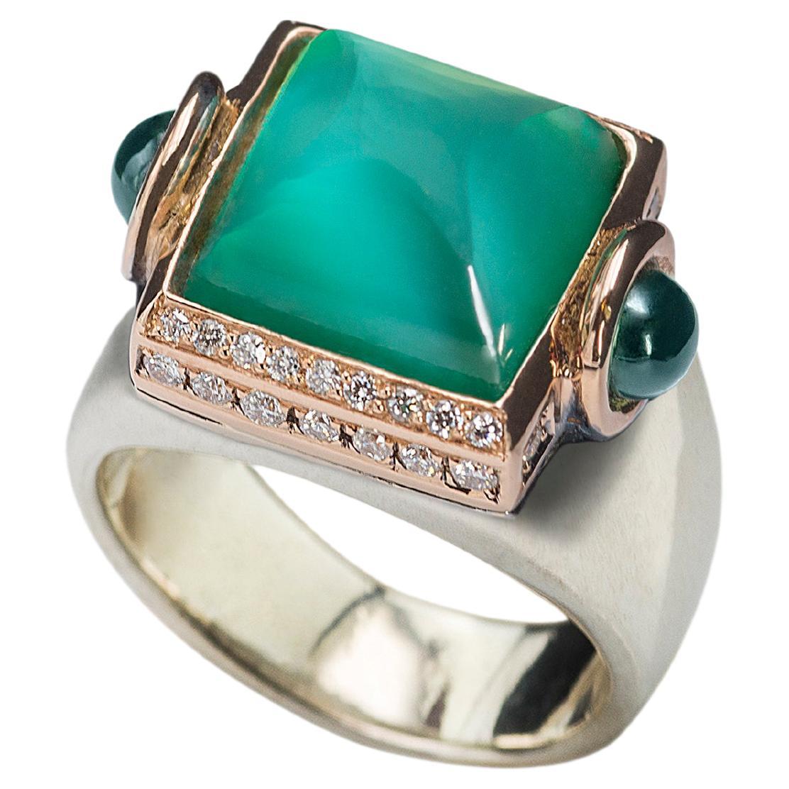 Rossella Ugolini 18k Gold Diamonds Green Agate Tourmaline Art Deco Style Ring For Sale