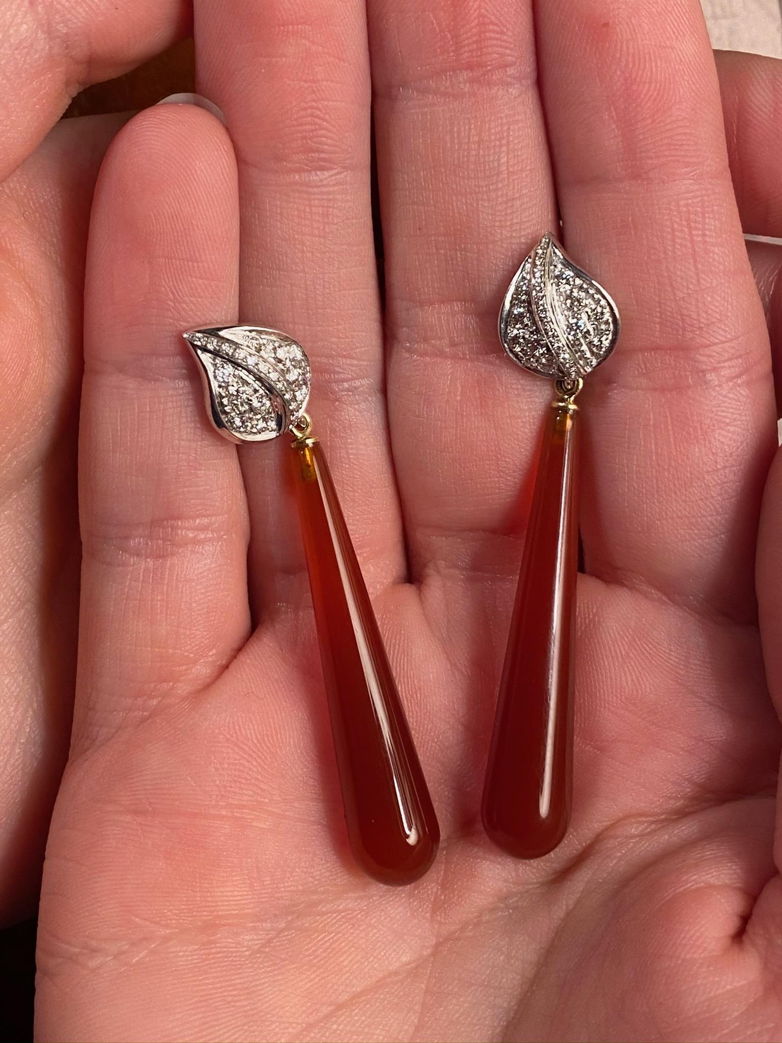 Brilliant Cut Detachable Drops 18 Karat Gold 0.39 Karat Diamonds Carnelian Dangle Earrings For Sale