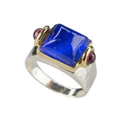 Art Deco Style 18Karat Gold Silver Sterling Blue Lapis Lazuli Castle Design Ring