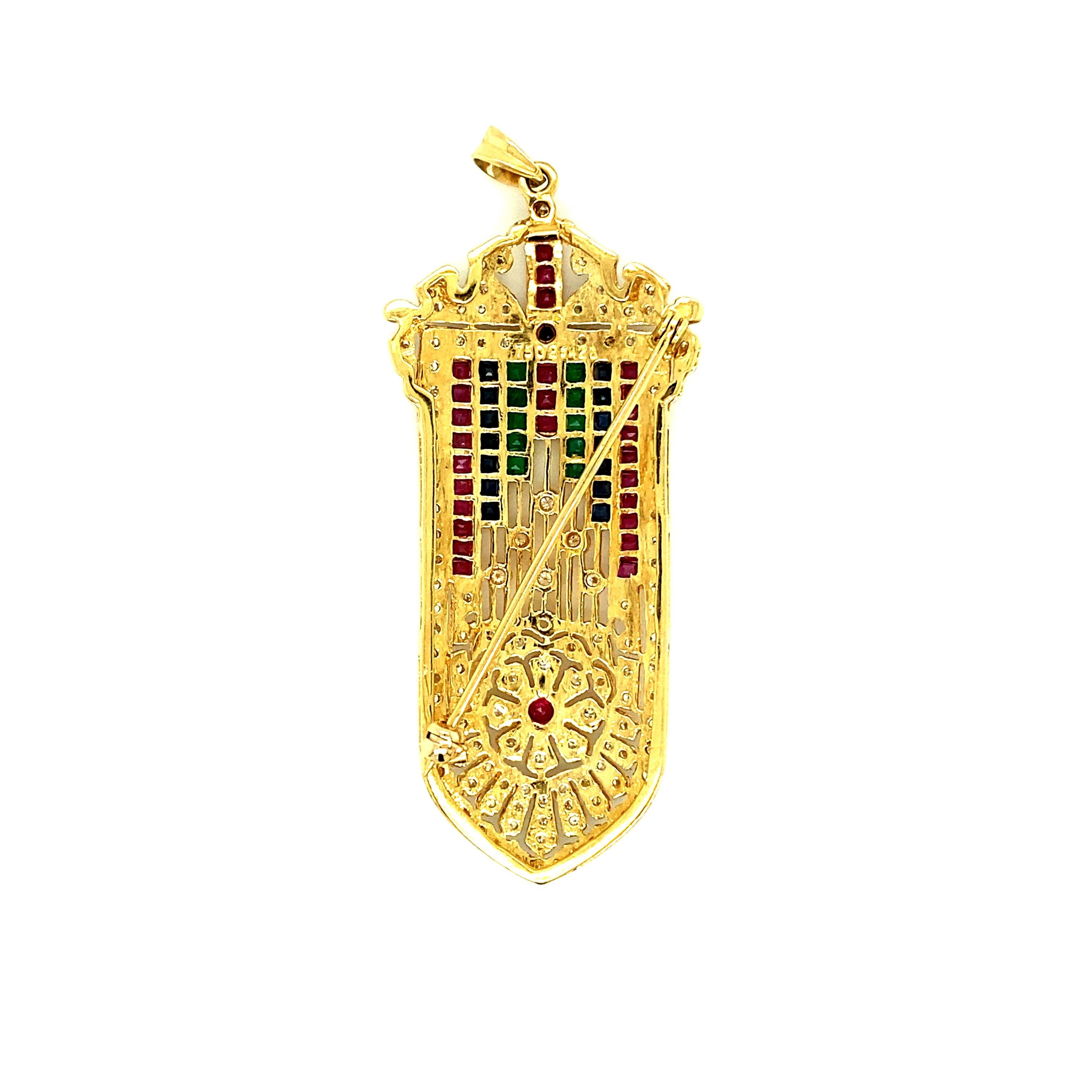 Art Deco Style 18kt Diamond & Gemstones Pendant/Brooch In Good Condition In Miami, FL