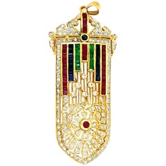 Art Deco Style 18kt Diamond & Gemstones Pendant/Brooch