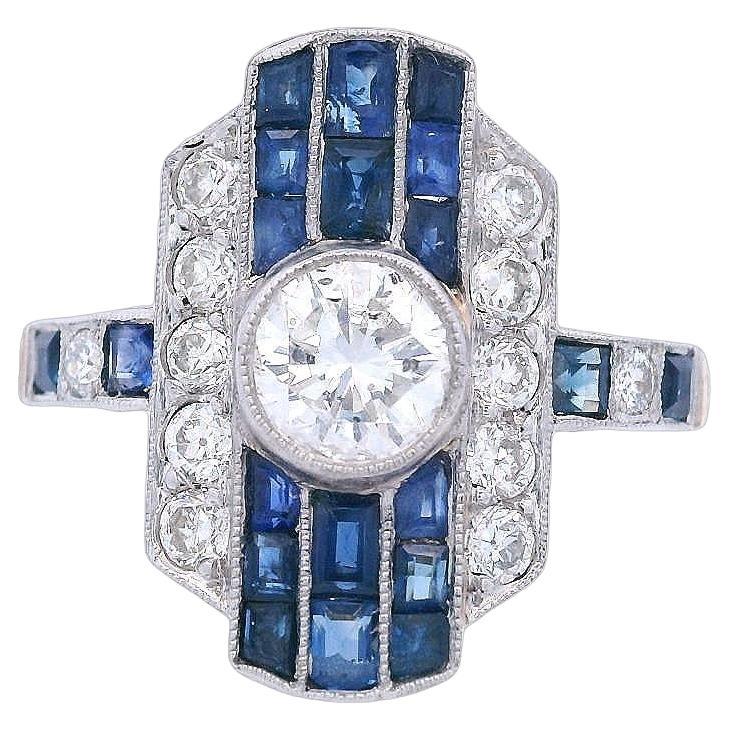 Art Deco style 18kt Gold and Platinum with 1.75 CTW Diamonds and Blue Sapphires