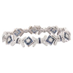 Art Deco Style 18kt Solid White Gold Diamond and 10.90 Ct Blue Sapphire Bracelet