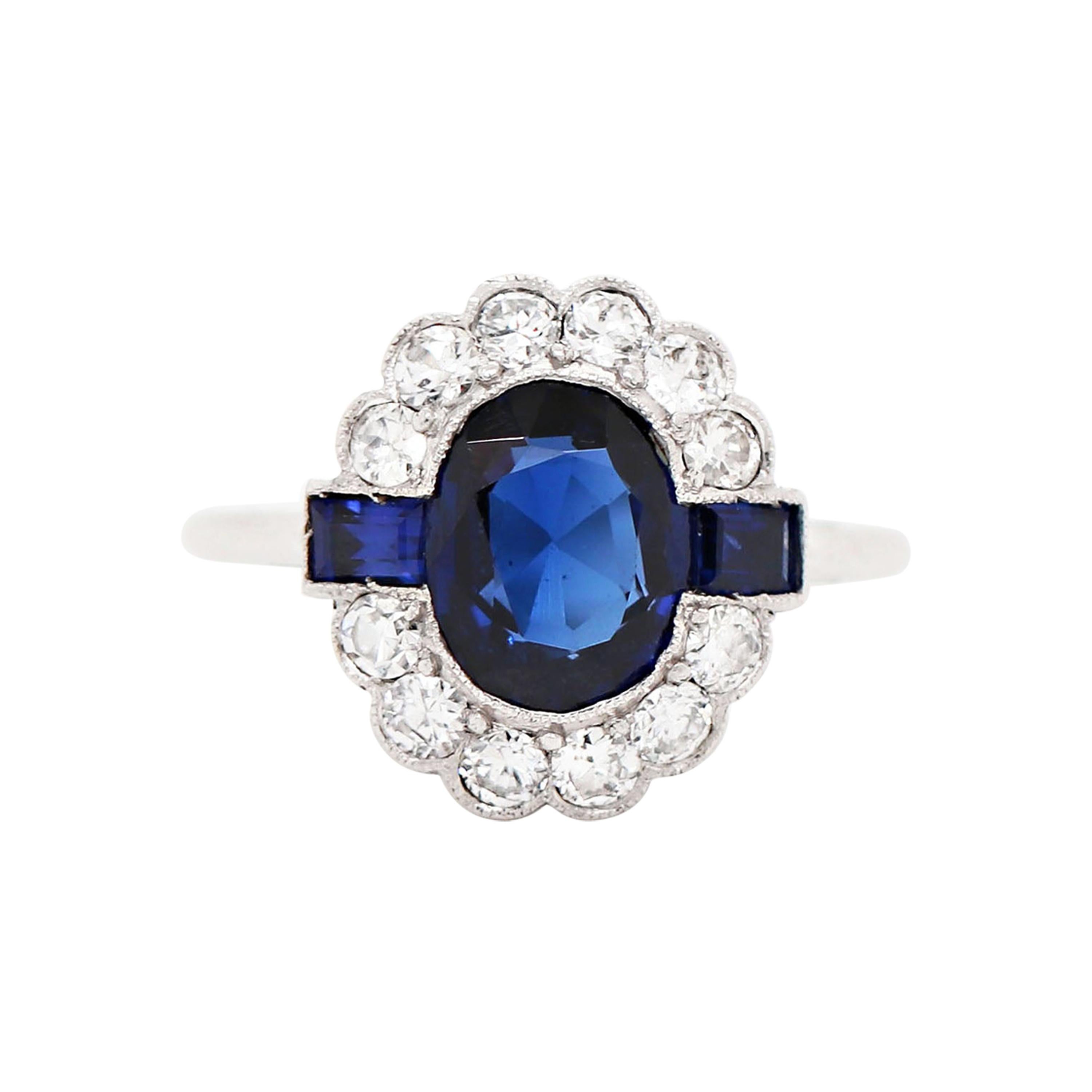 Art Deco Style 1.90 Carat Sapphire and Diamond Platinum Cluster Ring
