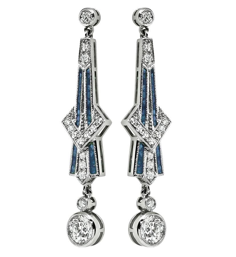 Round Cut Art Deco Style 1.90cttw Diamond 0.83ct Sapphire Drop Earrings For Sale