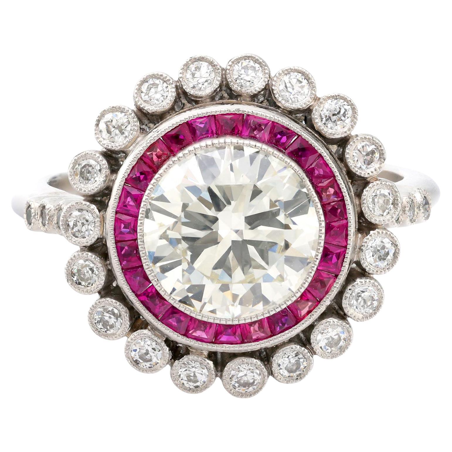 Art Deco style 1.95 carat diamond ruby platinum target ring