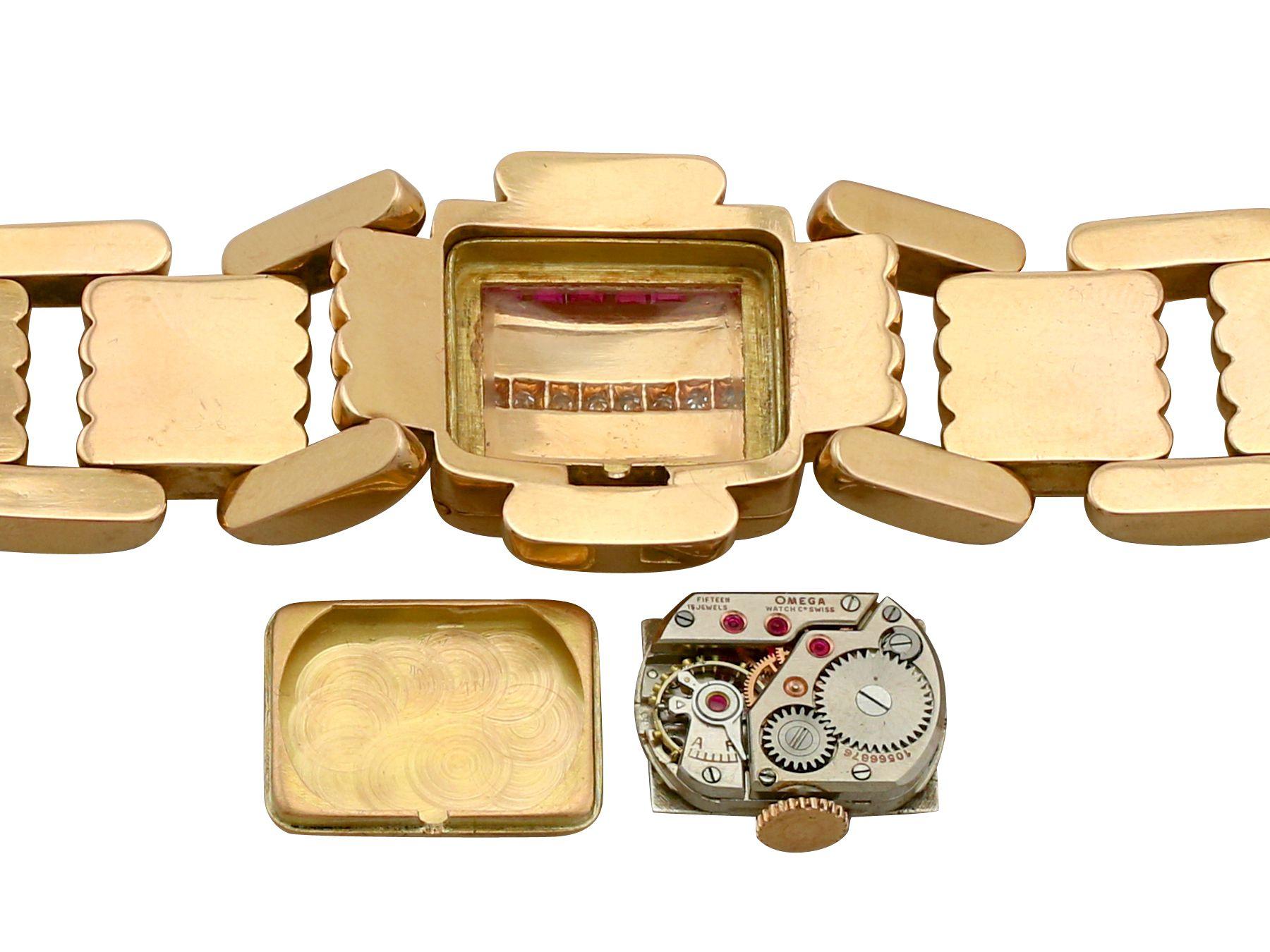 Schweizer Omega-Uhr aus Gelbgold mit Rubin und Diamant im Art déco-Stil der 1950er Jahre im Angebot 3