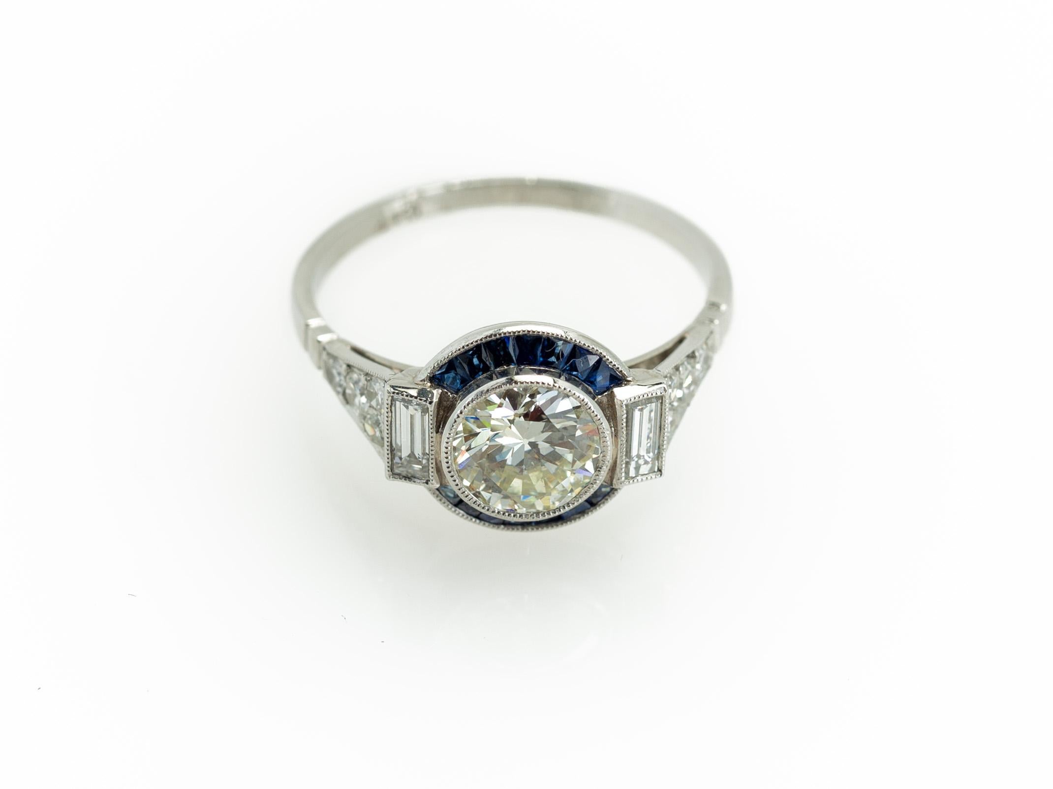 Art Deco Style 1960s 1.11 Carat Diamond Ring with Sapphire Halo in Platinum 5