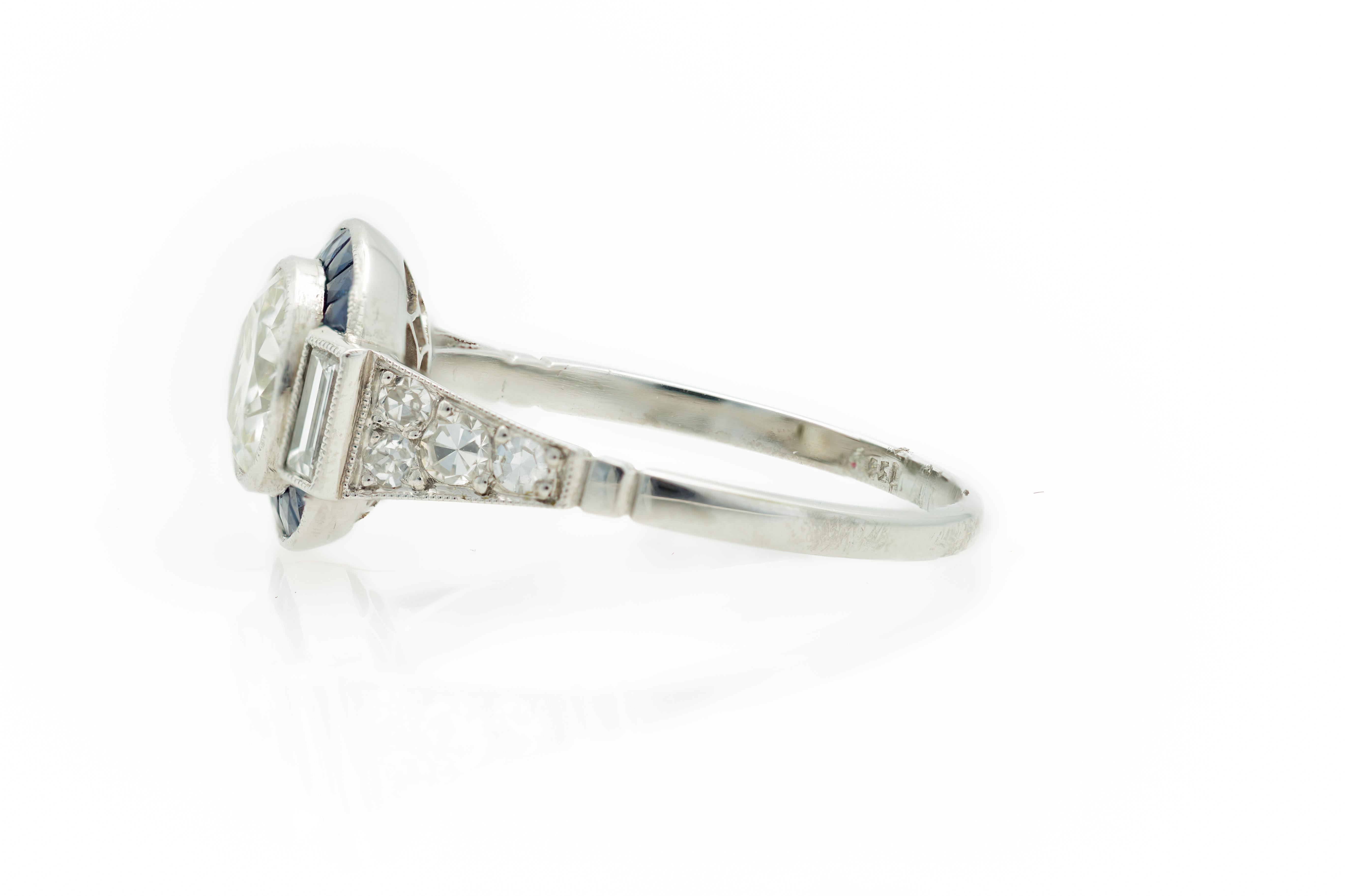 Art Deco Style 1960s 1.11 Carat Diamond Ring with Sapphire Halo in Platinum 1