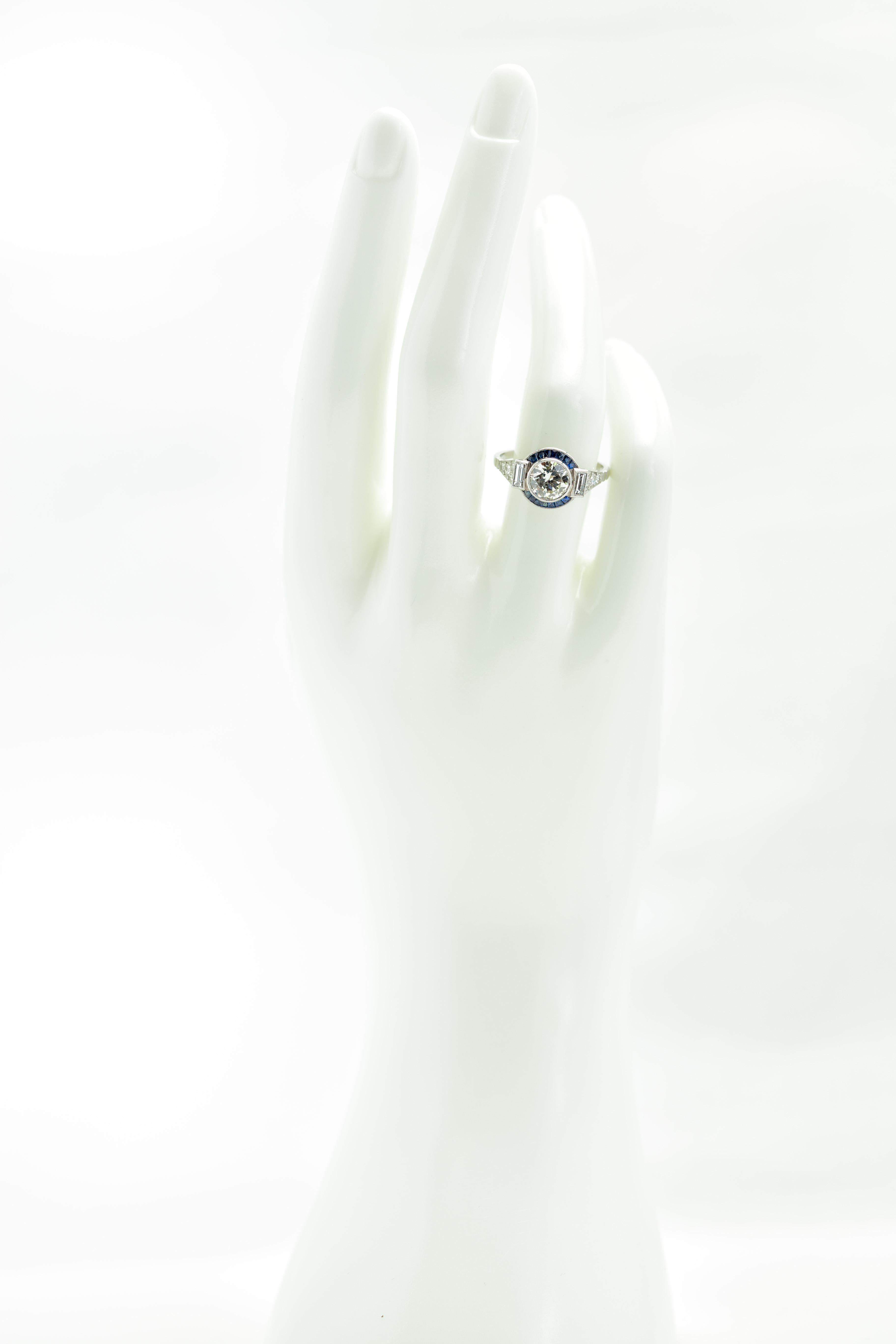 Art Deco Style 1960s 1.11 Carat Diamond Ring with Sapphire Halo in Platinum 2