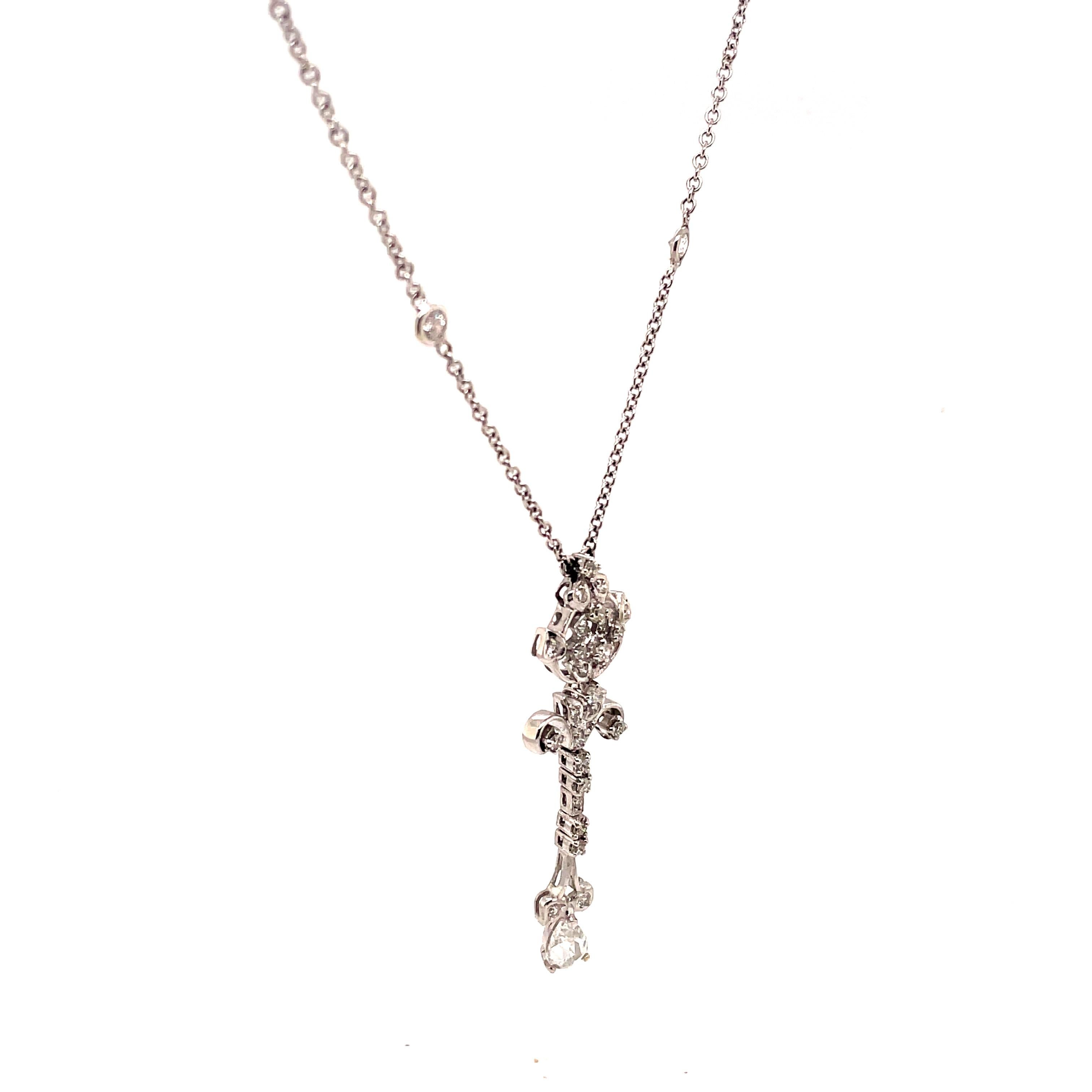 Pear Cut Art Deco Style 1.97ct Diamond Drop Necklace 18k White Gold For Sale
