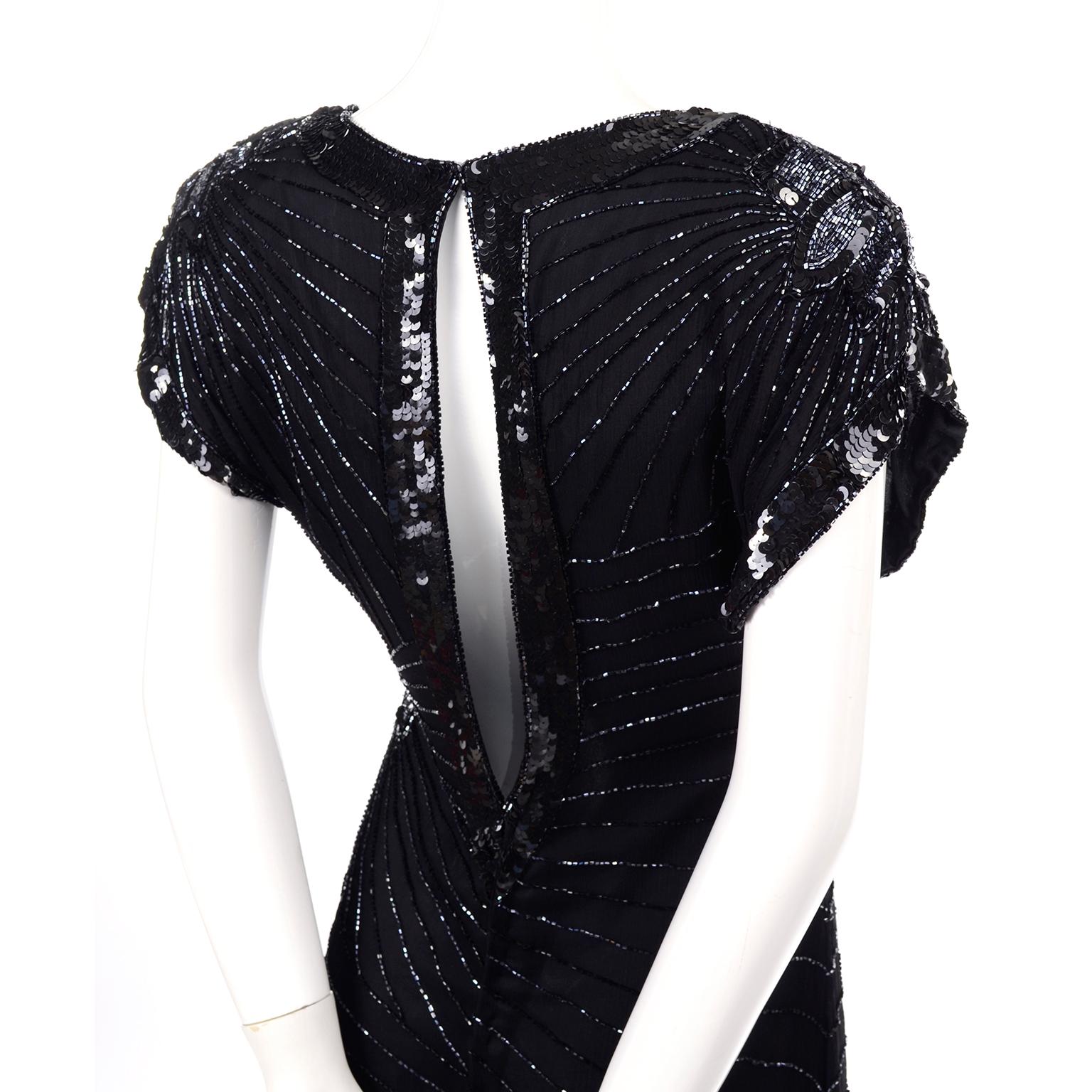Art Deco Style 1980s Heavily Beaded Vintage Black Silk Evening Dress 6